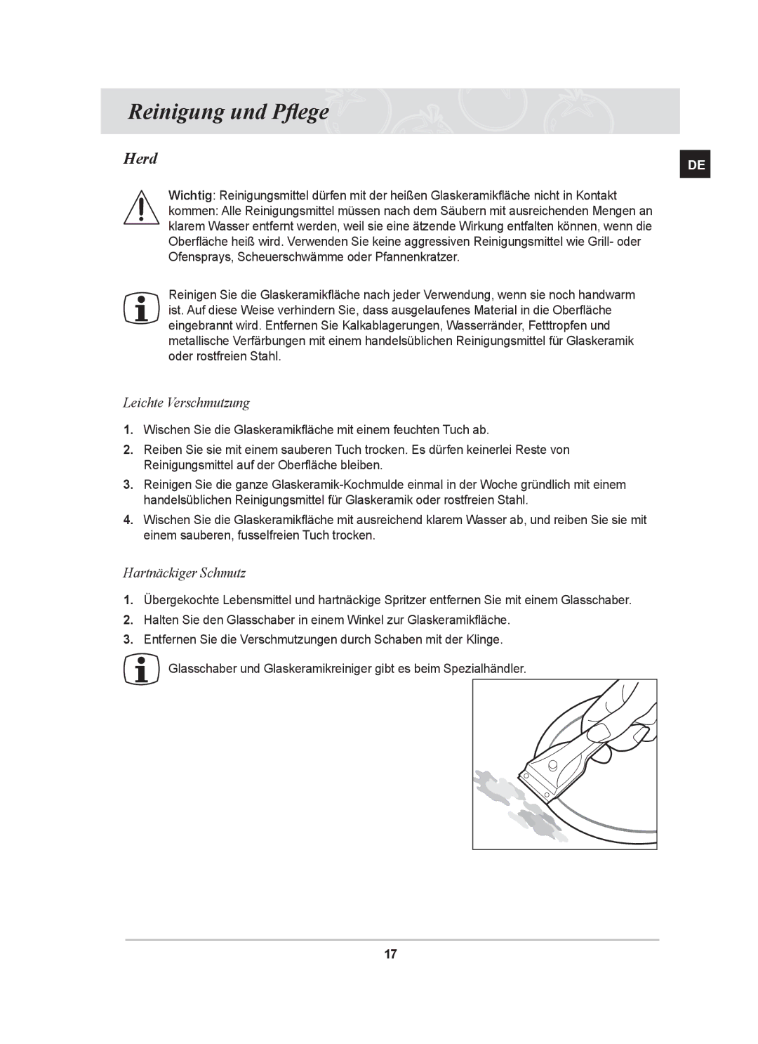 Samsung GF3C4T104/XEG, GF3N4T102/XEG manual Reinigung und Pflege, Herd, Leichte Verschmutzung, Hartnäckiger Schmutz 