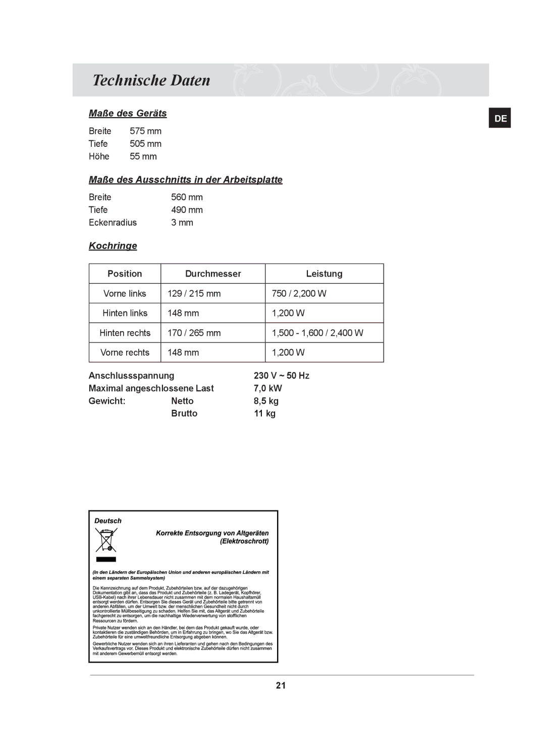 Samsung GF3C4T104/XEG, GF3N4T102/XEG manual Technische Daten, Kochringe 