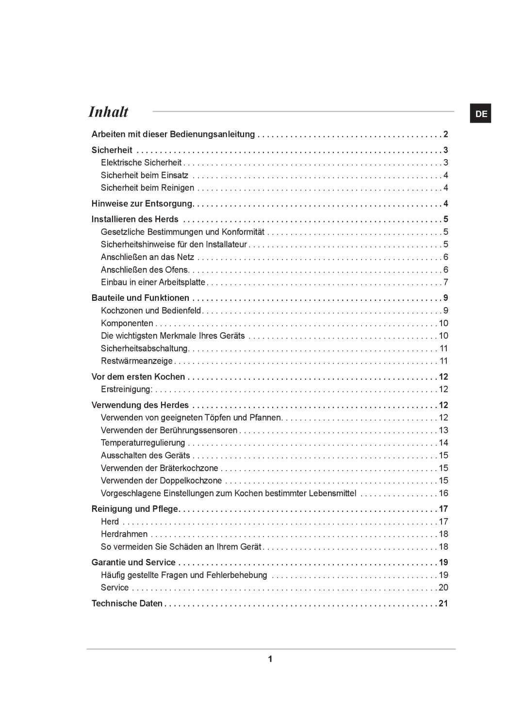 Samsung GF3C4T104/XEG, GF3N4T102/XEG manual Inhalt, Hinweise zur Entsorgung Installieren des Herds 