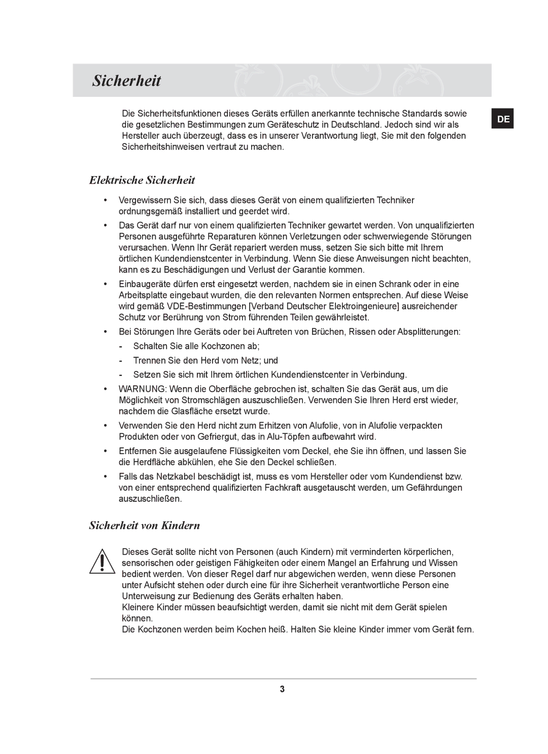 Samsung GF3C4T104/XEG, GF3N4T102/XEG manual Elektrische Sicherheit, Sicherheit von Kindern 