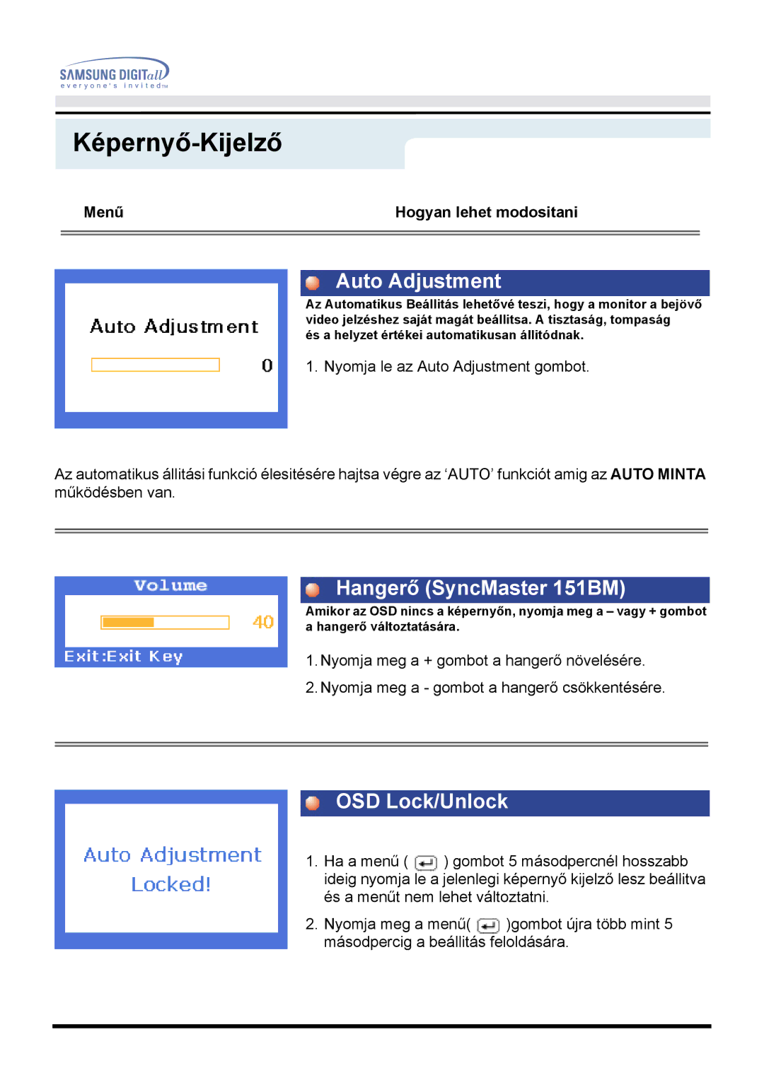 Samsung GH15ESAN/EDC, GG15ESAN/EDC, GH15ESAS/EDC, GG15ESAS/EDC Auto Adjustment, Hangerő SyncMaster 151BM, OSD Lock/Unlock 
