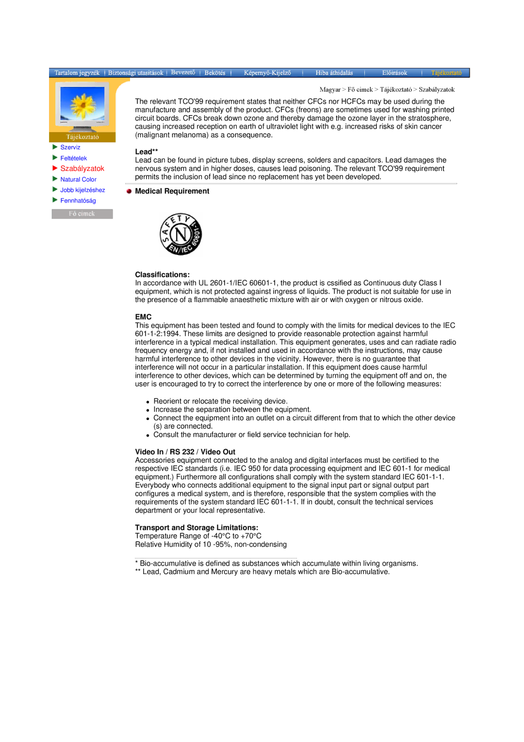 Samsung GH15ESAN/EDC Medical Requirement Classifications, Video In / RS 232 / Video Out, Transport and Storage Limitations 