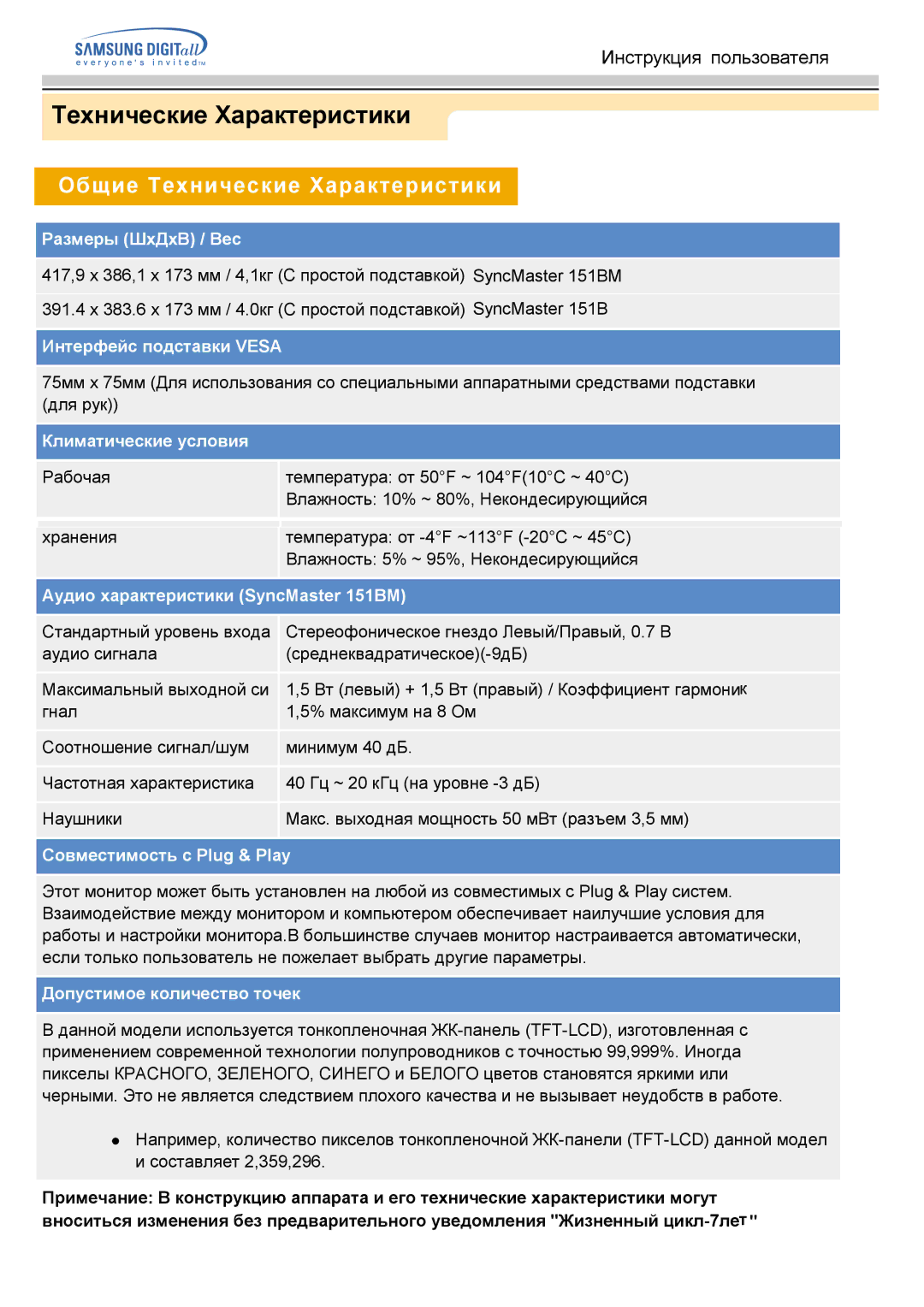 Samsung GG15LSAN/EDC, GG15ESAN/EDC, GH15ESAN/EDC, GH15HSSN/EDC, GH15LSSN/EDC manual Аудио характеристики SyncMaster 151BM 