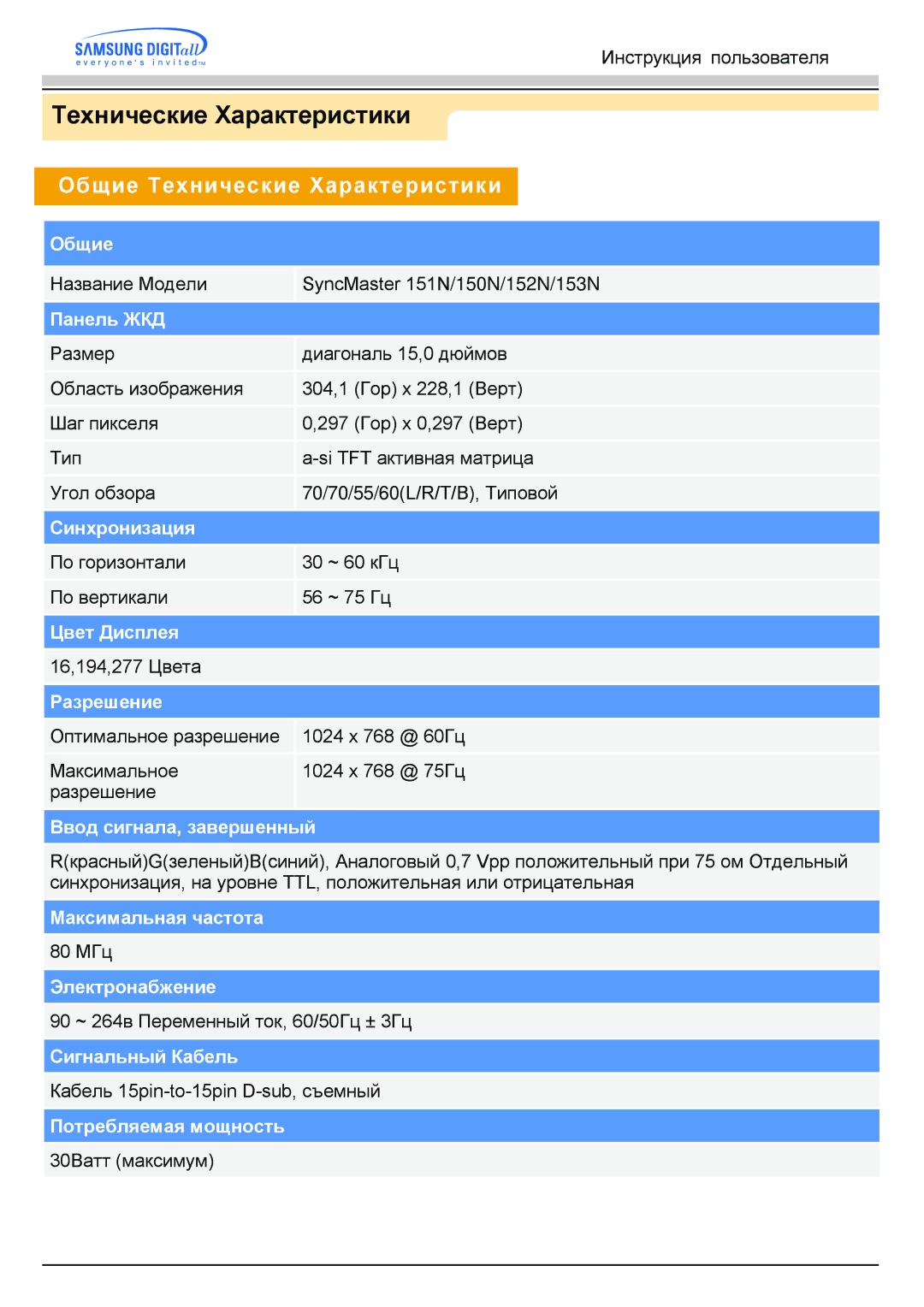 Samsung GG15ASAS/EDC, GG15ESAN/EDC Общие, Панель ЖКД, Синхронизация, Цвет Дисплея, Разрешение, Ввод сигнала, завершенный 