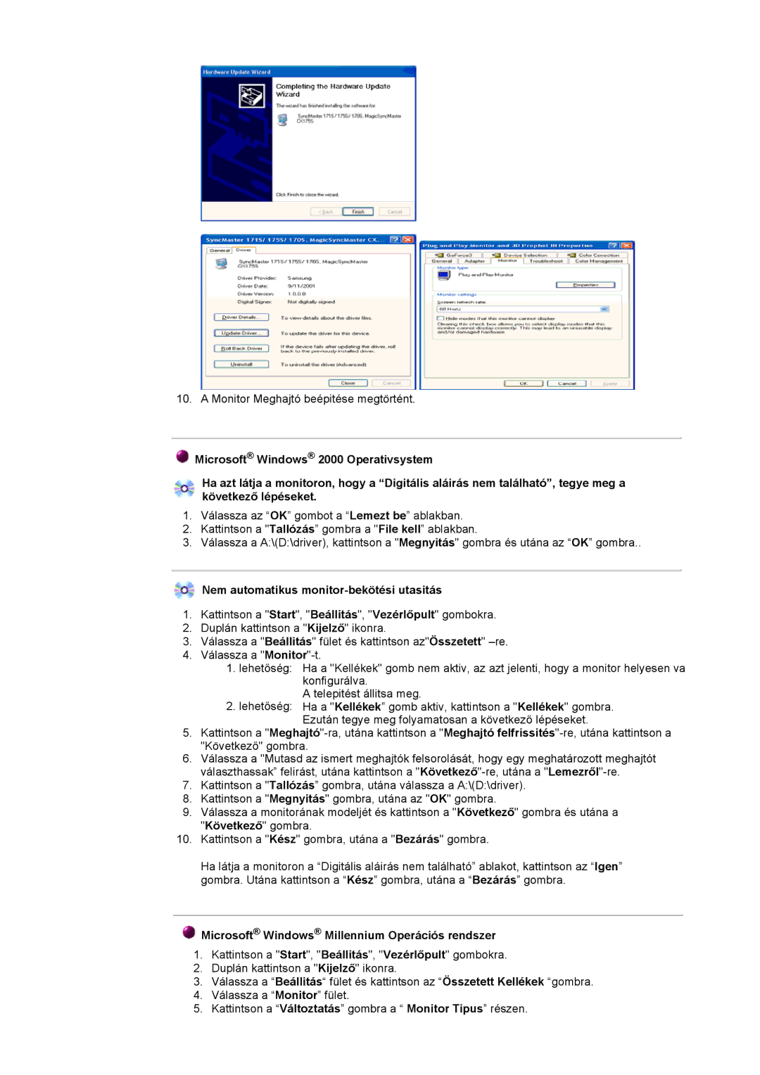 Samsung GH15LSSN/EDC manual Nem automatikus monitor-bekötési utasitás, Microsoft Windows Millennium Operációs rendszer 