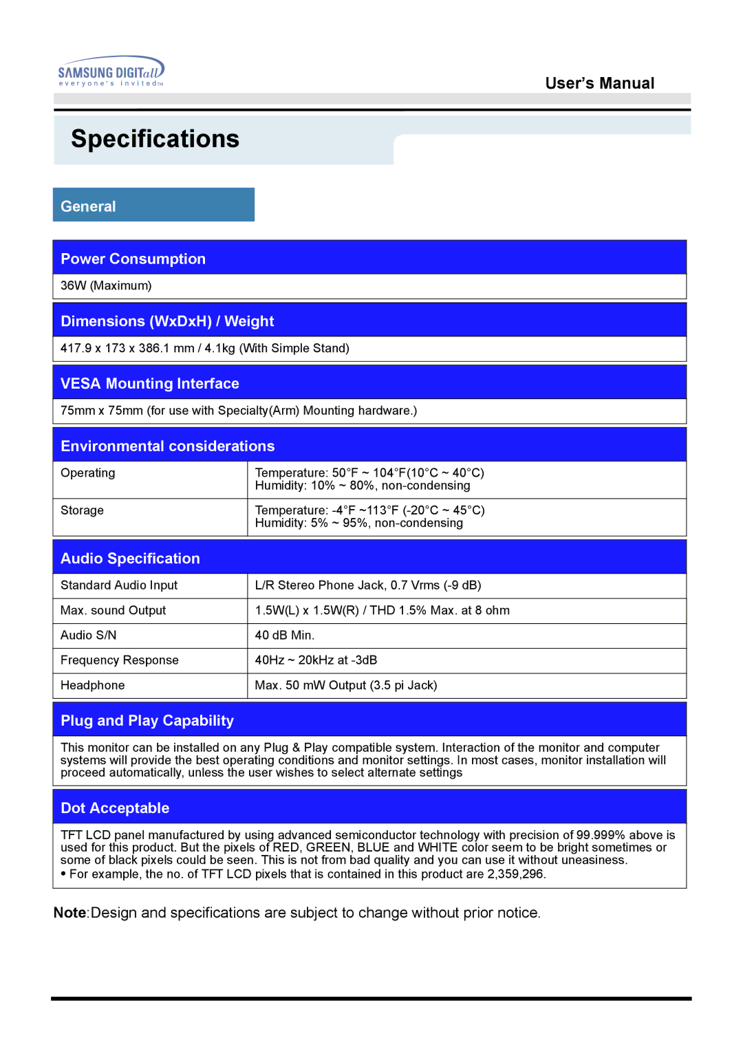 Samsung GH15LSAB, GG15LSSNZ/EDC, GH15LSSNP/EDC, GG15LSSNP/EDC, GG15LSAN/XEU, GG15ESAN/EDC, GH15LSSB manual Audio Specification 