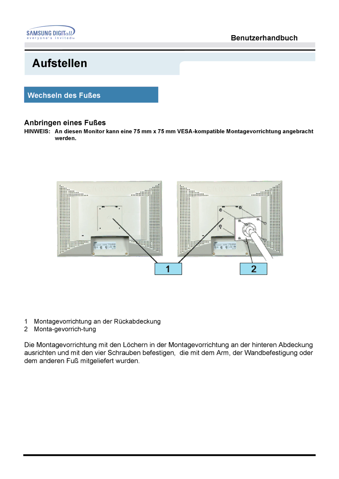 Samsung GH15LSSNP/EDC, GG15LSSNZ/EDC, GG15LSSNP/EDC, GG15LSAN/XEU, GG15ESAN/EDC, GH15LSSB, GH15LSAN/XEU Anbringen eines Fußes 