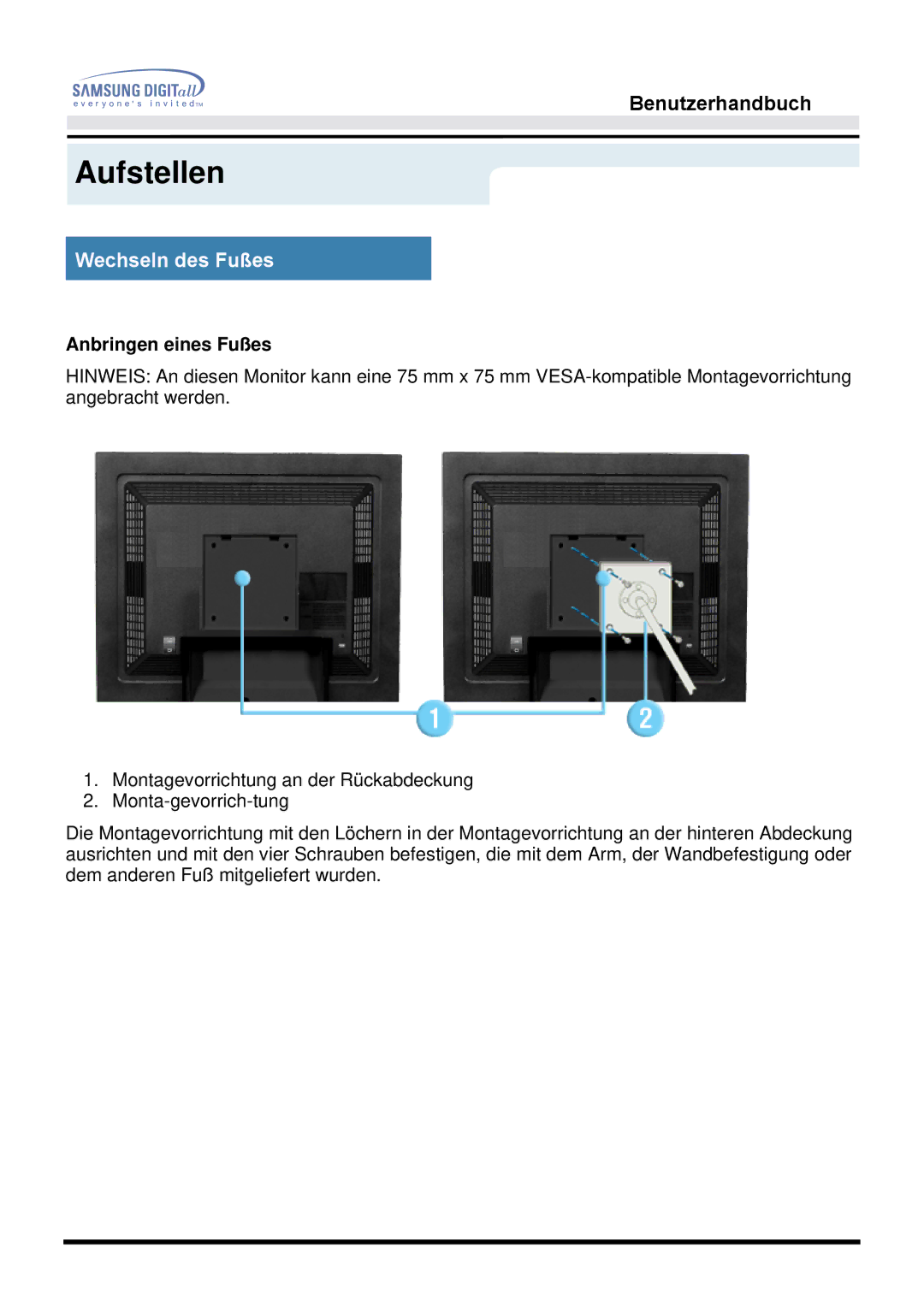 Samsung GG15LSAN/XEU, GG15LSSNZ/EDC, GH15LSSNP/EDC, GG15LSSNP/EDC, GG15ESAN/EDC, GH15LSSB, GH15LSAN/XEU Anbringen eines Fußes 