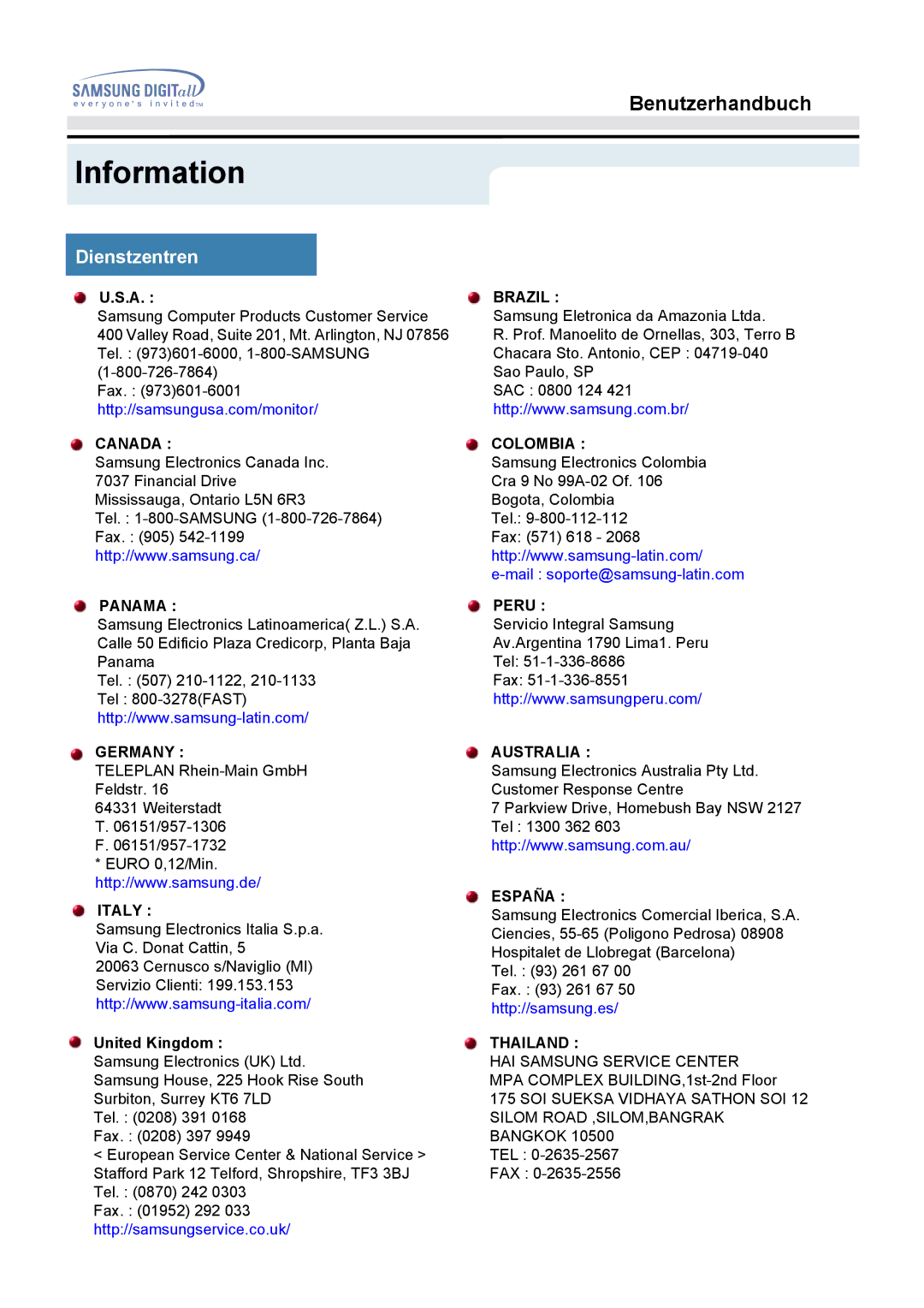 Samsung GG15MSSN/EDC, GG15LSSNZ/EDC, GH15LSSNP/EDC, GG15LSSNP/EDC, GG15LSAN/XEU, GG15ESAN/EDC manual Information, Dienstzentren 