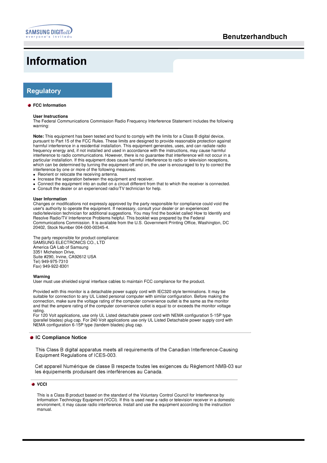 Samsung GG15LSSNZ/EDC, GH15LSSNP/EDC, GG15LSSNP/EDC, GG15LSAN/XEU, GG15ESAN/EDC Regulatory, FCC Information User Instructions 