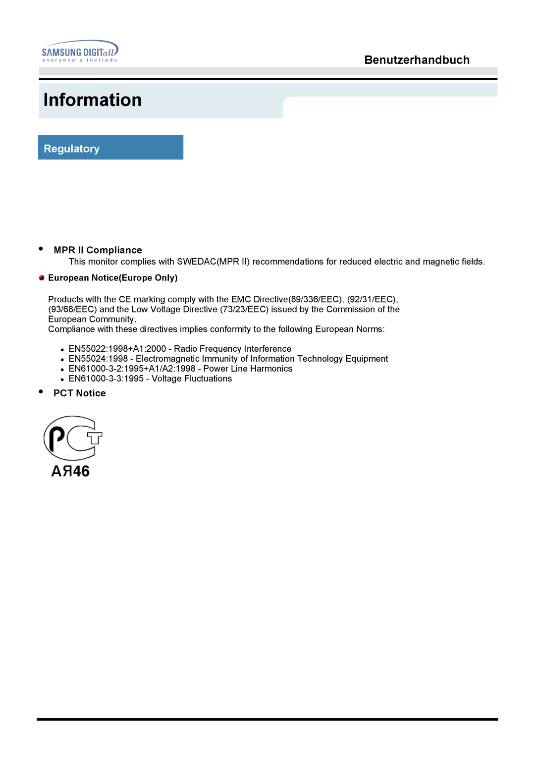 Samsung GH15LSSNP/EDC, GG15LSSNZ/EDC, GG15LSSNP/EDC, GG15LSAN/XEU, GG15ESAN/EDC, GH15LSSB manual MPR II Compliance, PCT Notice 