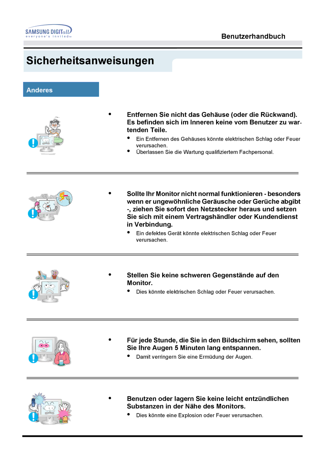 Samsung GG15LSSNG/EDC, GG15LSSNZ/EDC, GH15LSSNP/EDC manual Anderes, Stellen Sie keine schweren Gegenstände auf den Monitor 