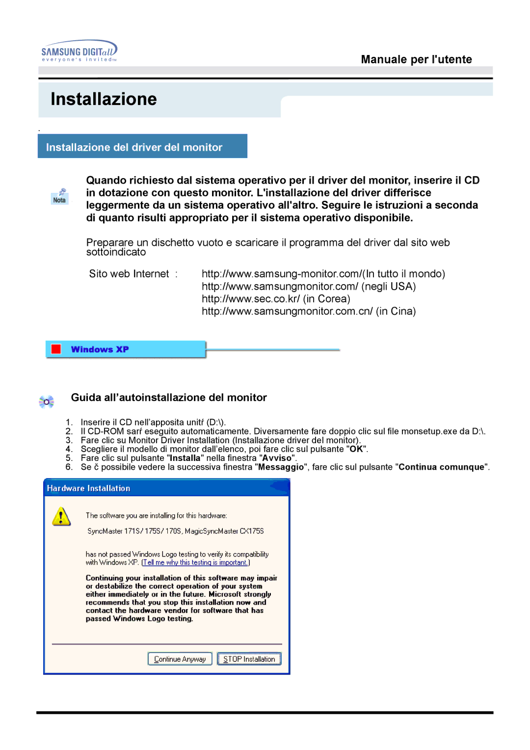 Samsung GH15DSSN/EDC manual Installazione del driver del monitor, Guida all’autoinstallazione del monitor 