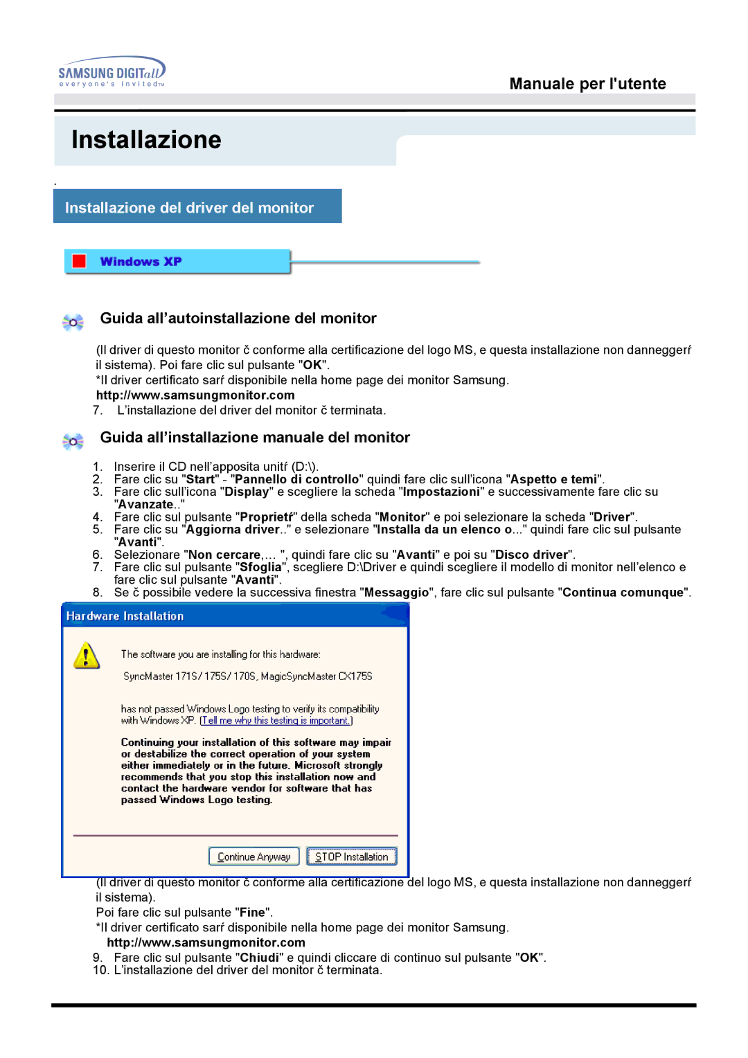 Samsung GH15DSSN/EDC Guida all’installazione manuale del monitor 