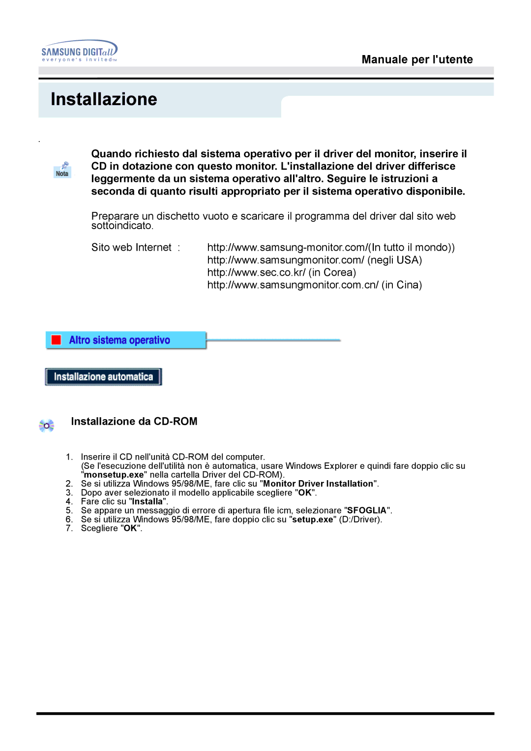 Samsung GH15DSSN/EDC manual Installazione da CD-ROM 