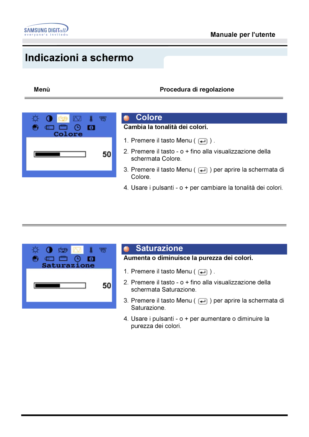 Samsung GH15DSSN/EDC manual Colore, Saturazione, Cambia la tonalità dei colori, Aumenta o diminuisce la purezza dei colori 