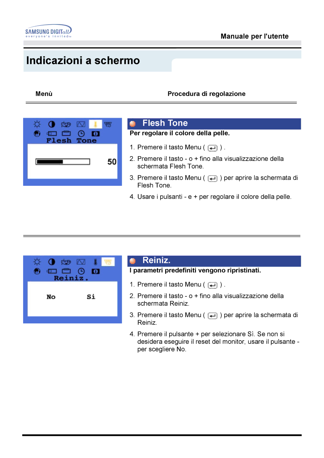 Samsung GH15DSSN/EDC Flesh Tone, Reiniz, Per regolare il colore della pelle, Parametri predefiniti vengono ripristinati 