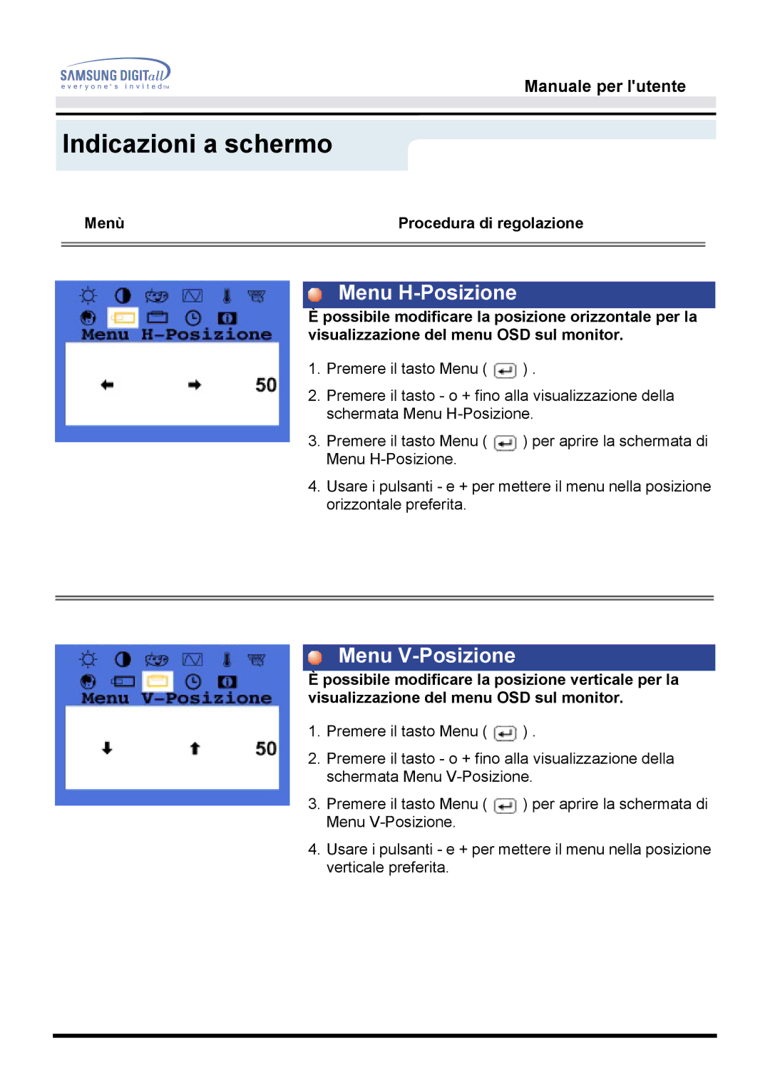 Samsung GH15DSSN/EDC manual Menu H-Posizione, Menu V-Posizione 