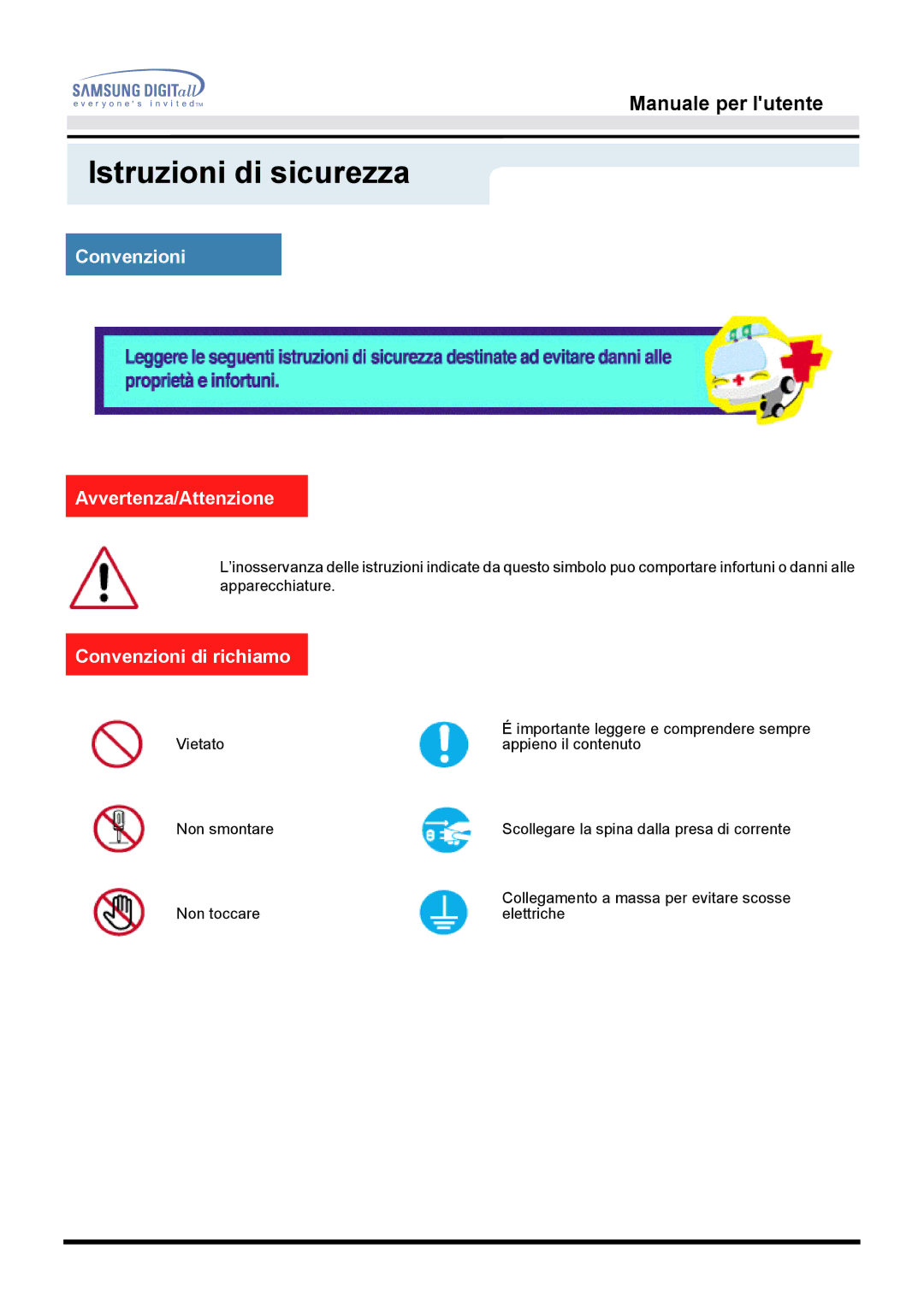 Samsung GH15DSSN/EDC manual Istruzioni di sicurezza, Convenzioni Avvertenza/Attenzione, Convenzioni di richiamo 