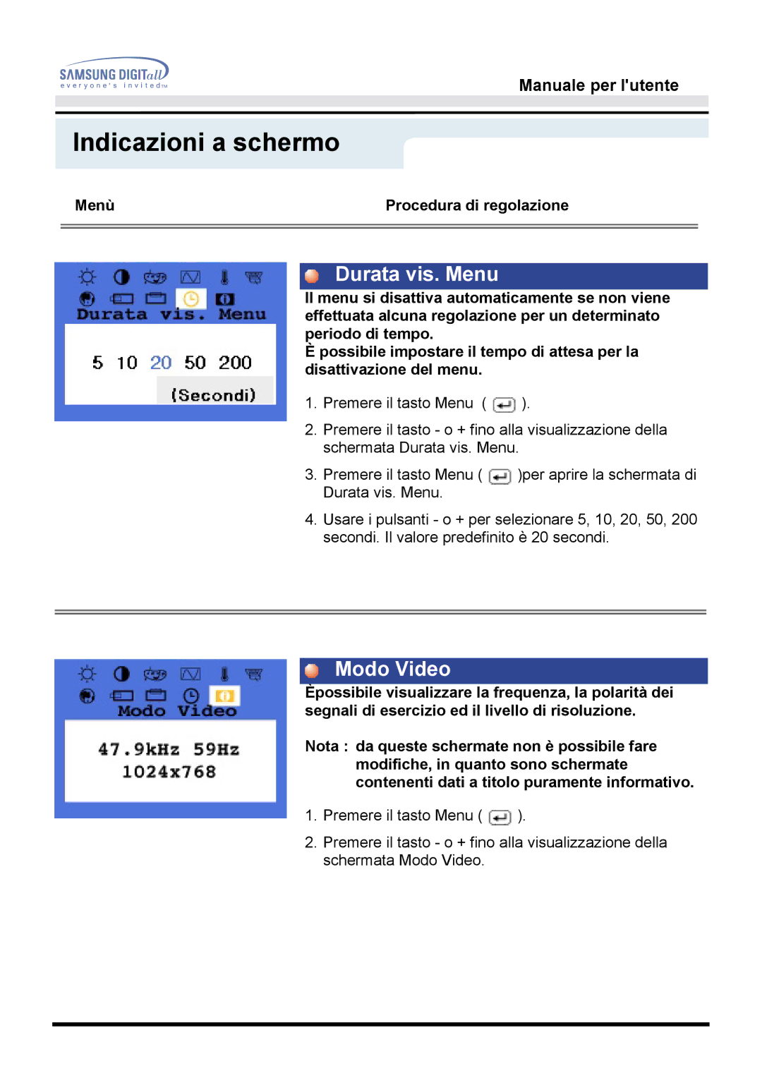 Samsung GH15DSSN/EDC manual Durata vis. Menu, Modo Video 