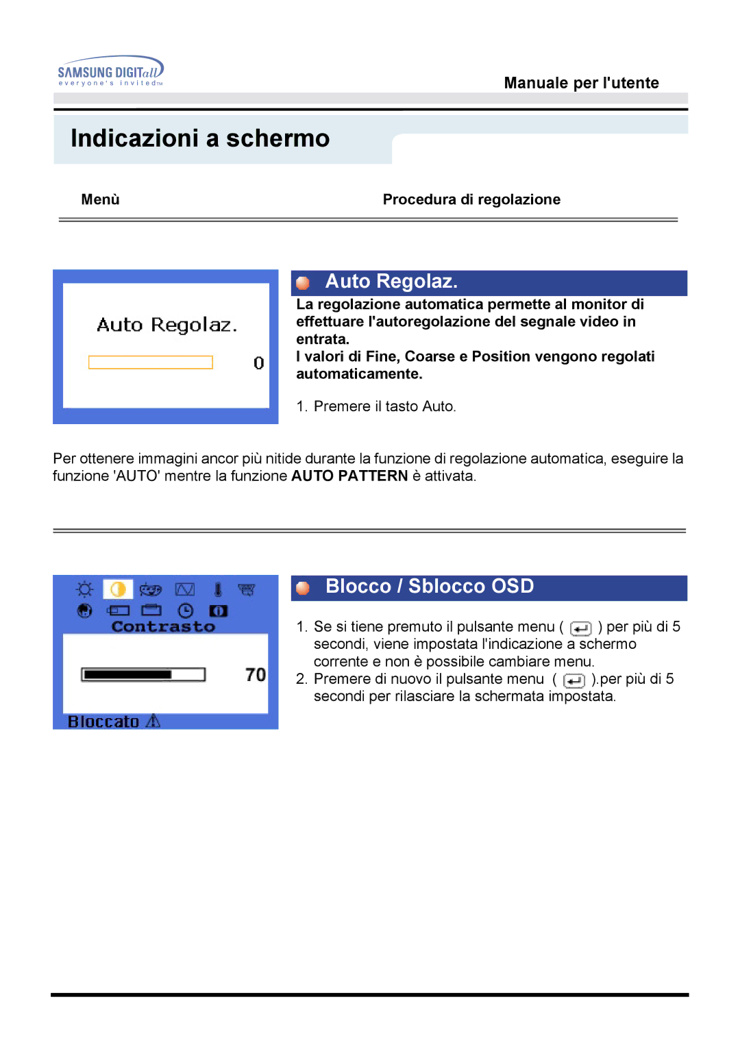 Samsung GH15DSSN/EDC manual Auto Regolaz, Blocco / Sblocco OSD 