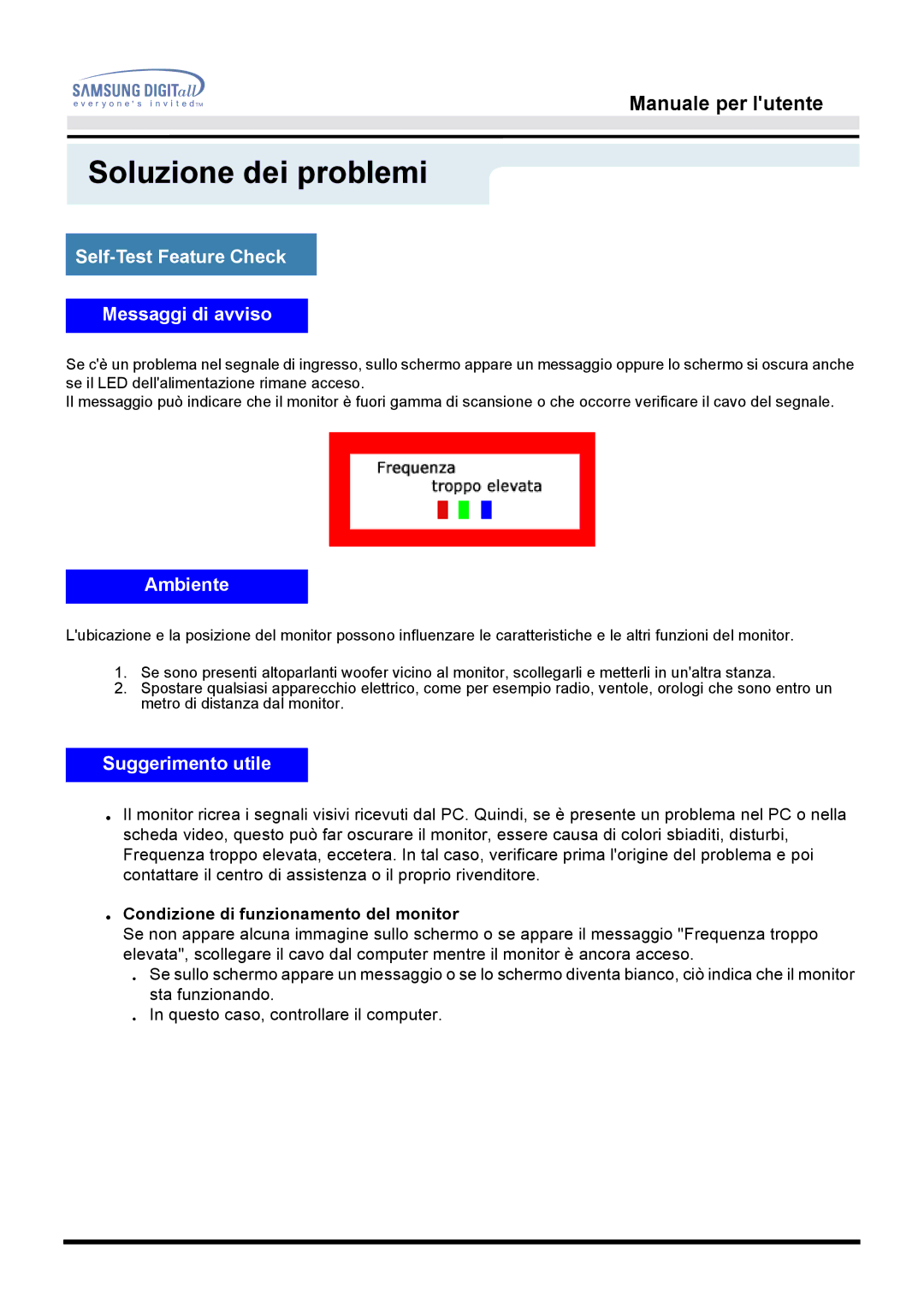 Samsung GH15DSSN/EDC manual Self-Test Feature Check Messaggi di avviso, Ambiente, Suggerimento utile 