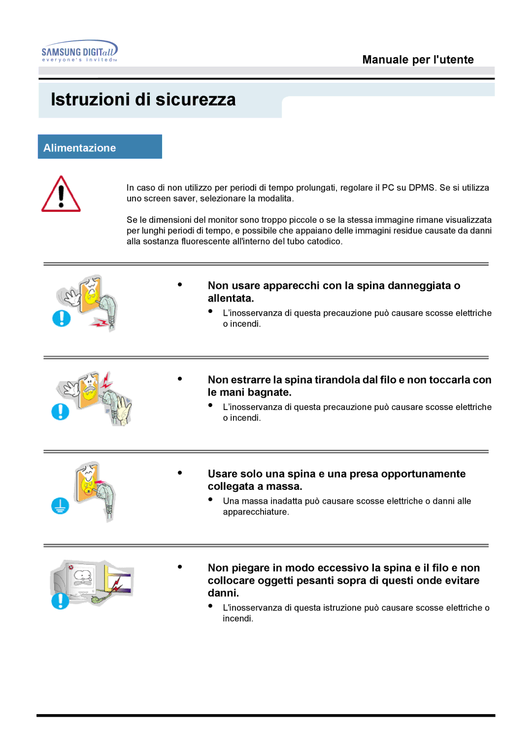 Samsung GH15DSSN/EDC manual Alimentazione, Non usare apparecchi con la spina danneggiata o allentata 