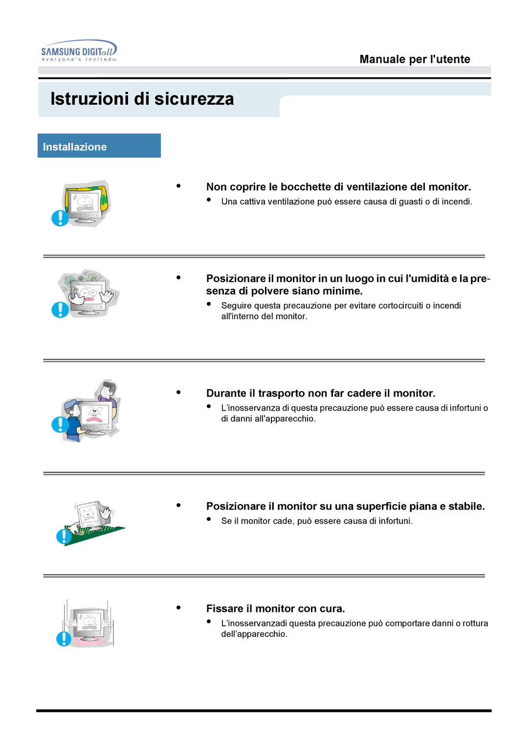 Samsung GH15DSSN/EDC Installazione, Non coprire le bocchette di ventilazione del monitor, Fissare il monitor con cura 