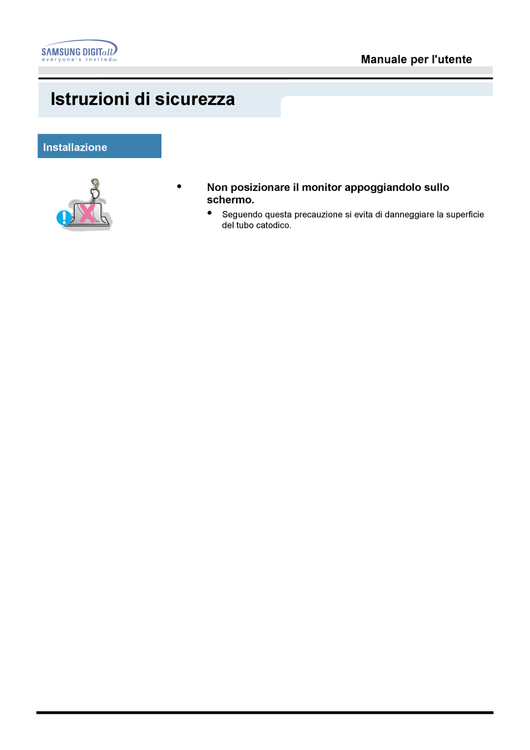 Samsung GH15DSSN/EDC manual Non posizionare il monitor appoggiandolo sullo schermo 