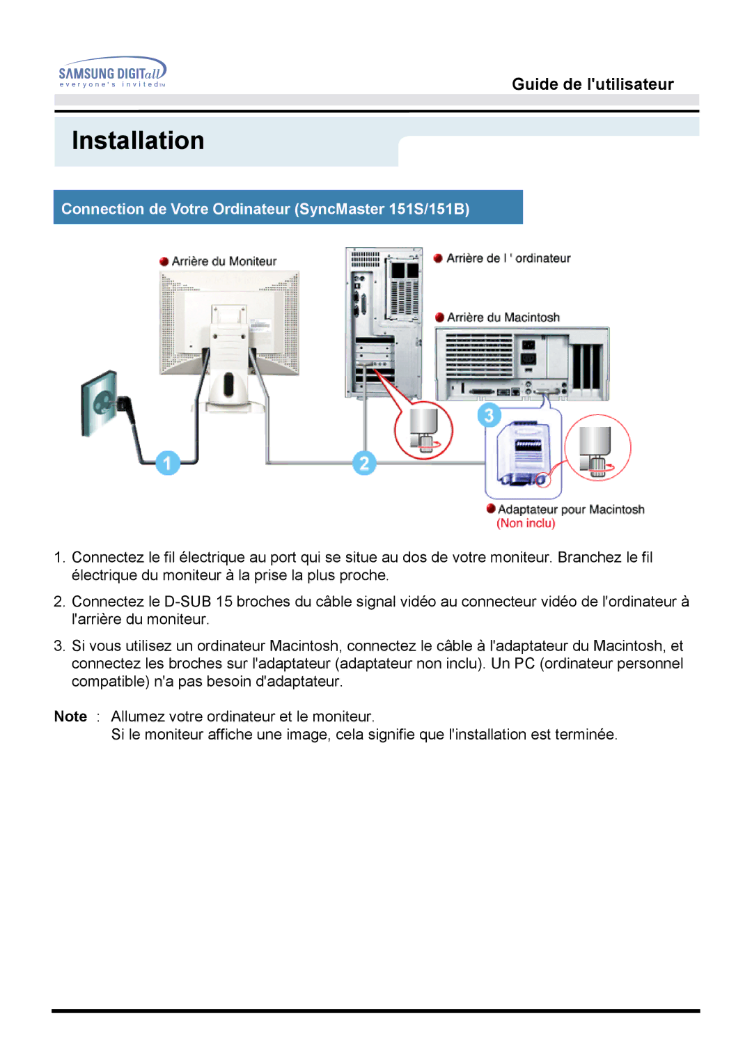 Samsung GH15LSSN/EDC, GH15LSAB/EDC, GG15LSAB/EDC manual Installation, Connection de Votre Ordinateur SyncMaster 151S/151B 