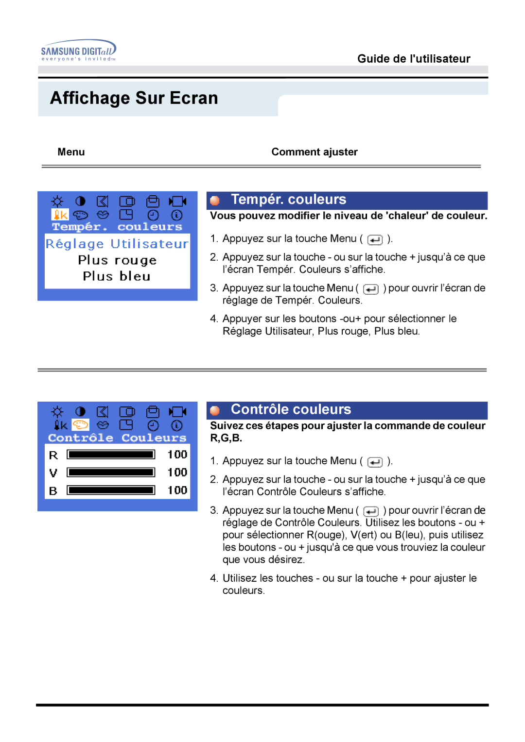 Samsung GG15LSAS/EDC, GH15LSAS Tempér. couleurs, Contrôle couleurs, Vous pouvez modifier le niveau de chaleur de couleur 