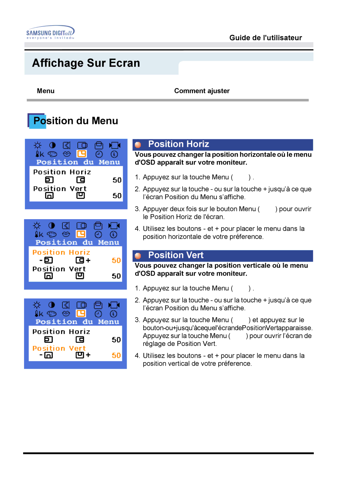 Samsung GH15LSSB/EDC, GH15LSSN/EDC, GH15LSAB/EDC, GG15LSAB/EDC, GH15LSAS, GH15LSAN/EDC, GG15LSSN/EDC manual Position du Menu 