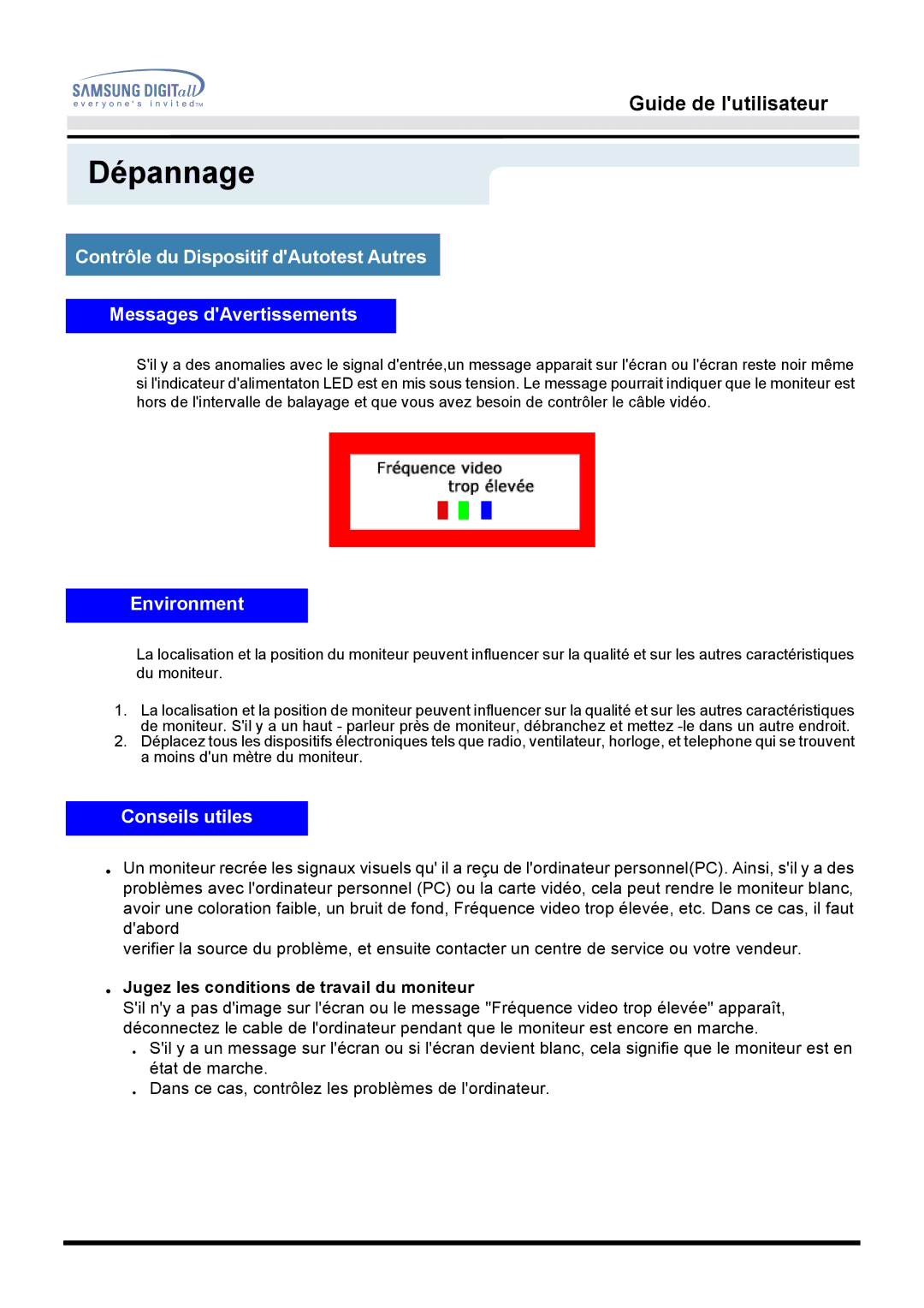 Samsung GG15LSAB, GH15LSSN/EDC, GH15LSAB/EDC manual Environment, Conseils utiles, Jugez les conditions de travail du moniteur 