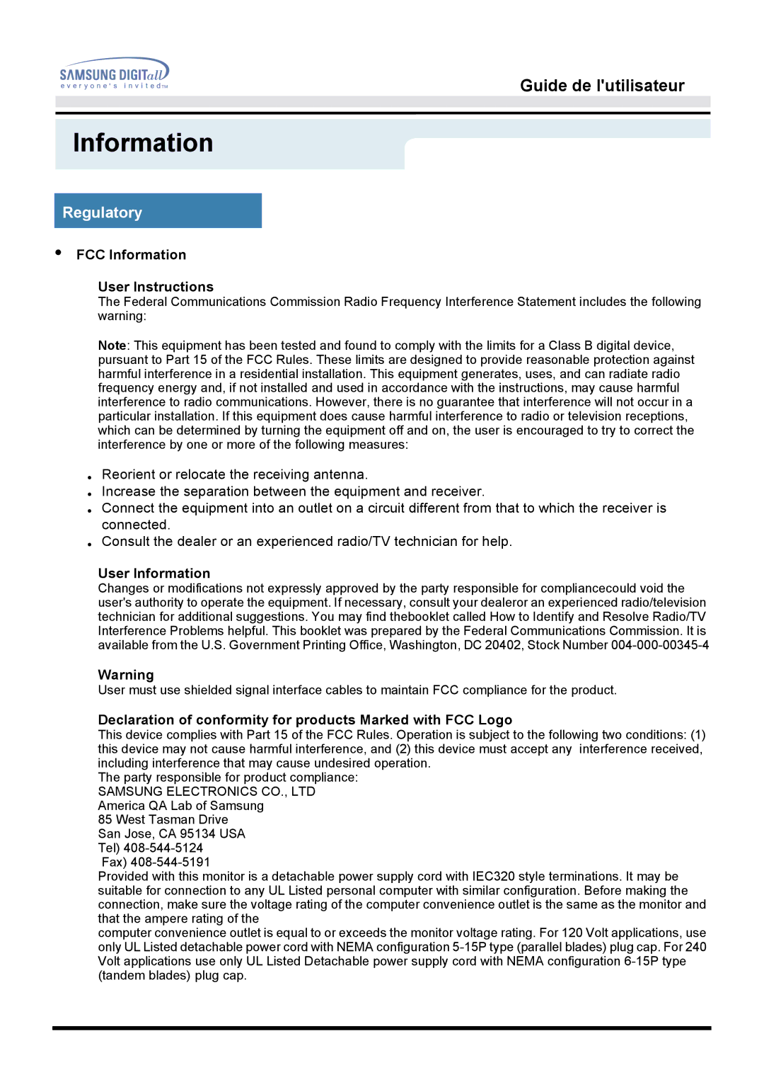 Samsung GG15LSAB/EDC, GH15LSSN/EDC, GH15LSAB/EDC, GH15LSAS Regulatory, FCC Information User Instructions, User Information 