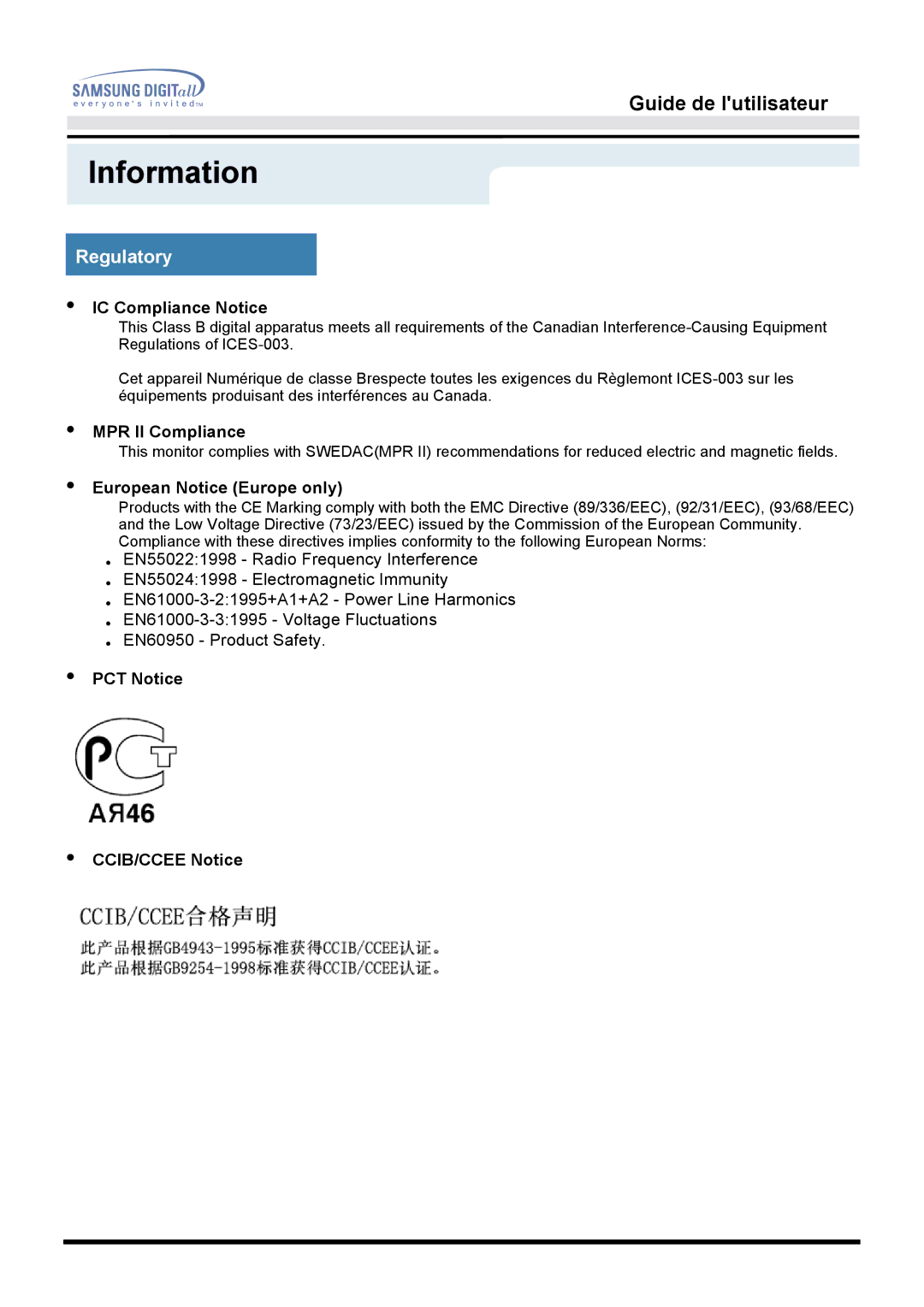 Samsung GH15LSAS manual IC Compliance Notice, MPR II Compliance, European Notice Europe only, PCT Notice CCIB/CCEE Notice 