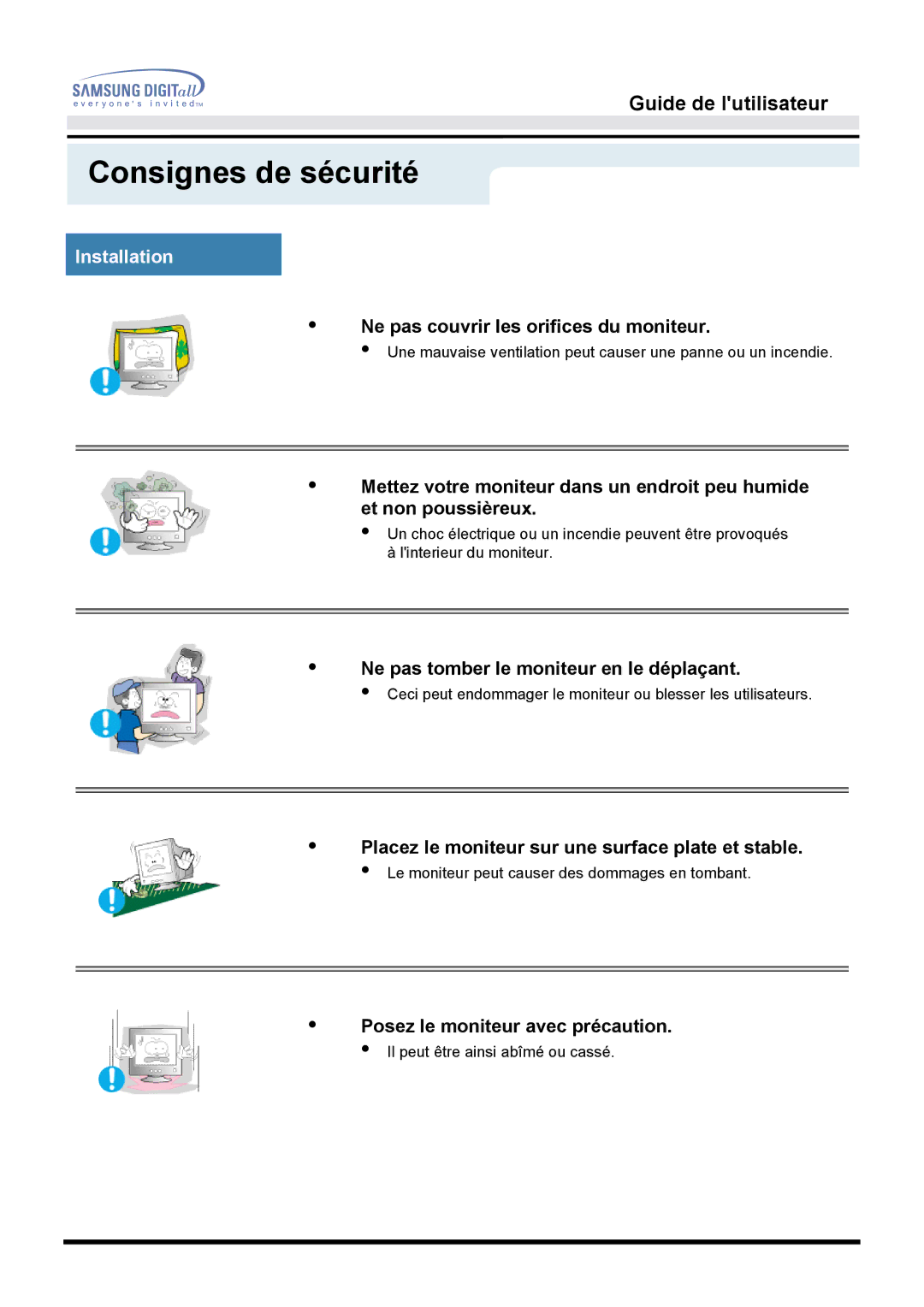 Samsung GG15LSSN/EDC Installation, Ne pas couvrir les orifices du moniteur, Ne pas tomber le moniteur en le déplaçant 