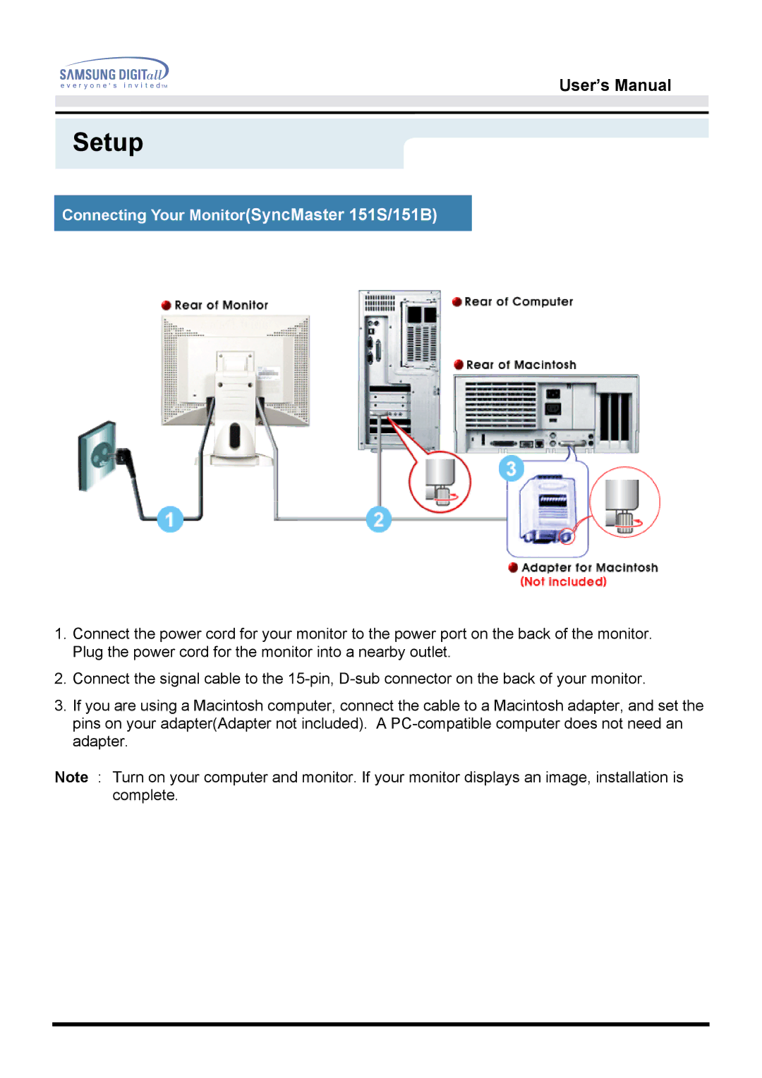 Samsung GH15LSAN, GH15LSSNP/EDC, GG15LSSNP/EDC, GG15LSAN/XEU, GH15LSSB Setup, Connecting Your MonitorSyncMaster 151S/151B 