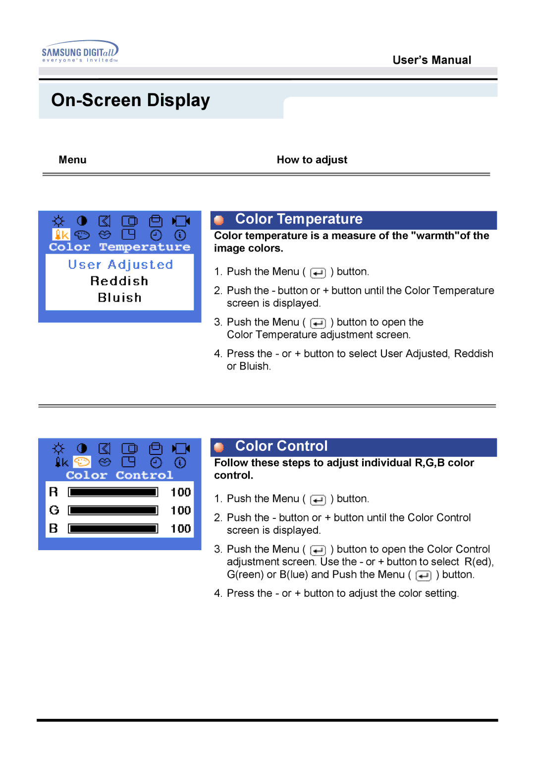 Samsung GH15LSAS/XST manual Color Temperature, Color Control, Follow these steps to adjust individual R,G,B color control 