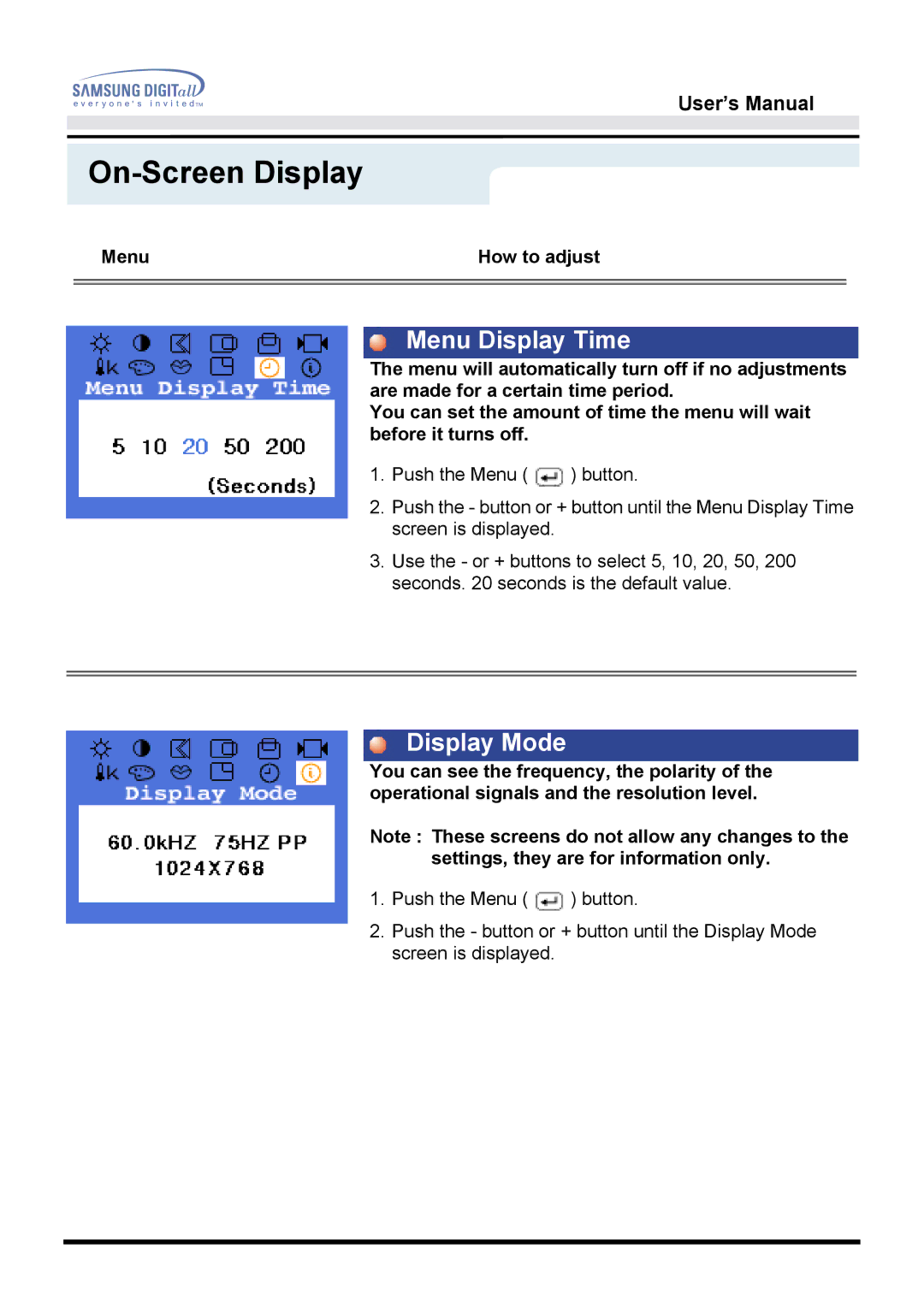 Samsung GH15LSAS/ILC, GH15LSSNP/EDC, GG15LSSNP/EDC, GG15LSAN/XEU, GH15LSSB, GH15LSAN/XEU manual Menu Display Time, Display Mode 