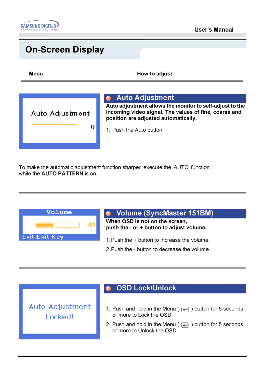 Samsung GG15LSAB/ILC, GH15LSSNP/EDC, GG15LSSNP/EDC, GG15LSAN/XEU Auto Adjustment, Volume SyncMaster 151BM, OSD Lock/Unlock 