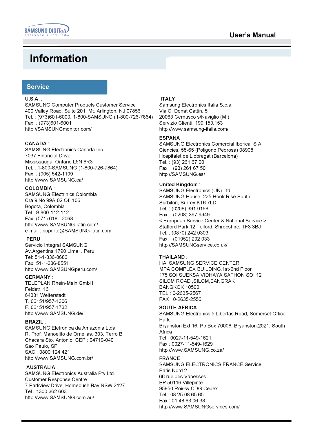 Samsung GG15LSAB/EDC, GH15LSSNP/EDC, GG15LSSNP/EDC, GG15LSAN/XEU, GH15LSSB, GH15LSAN/XEU, GG15LSSNG/EDC Information, Service 