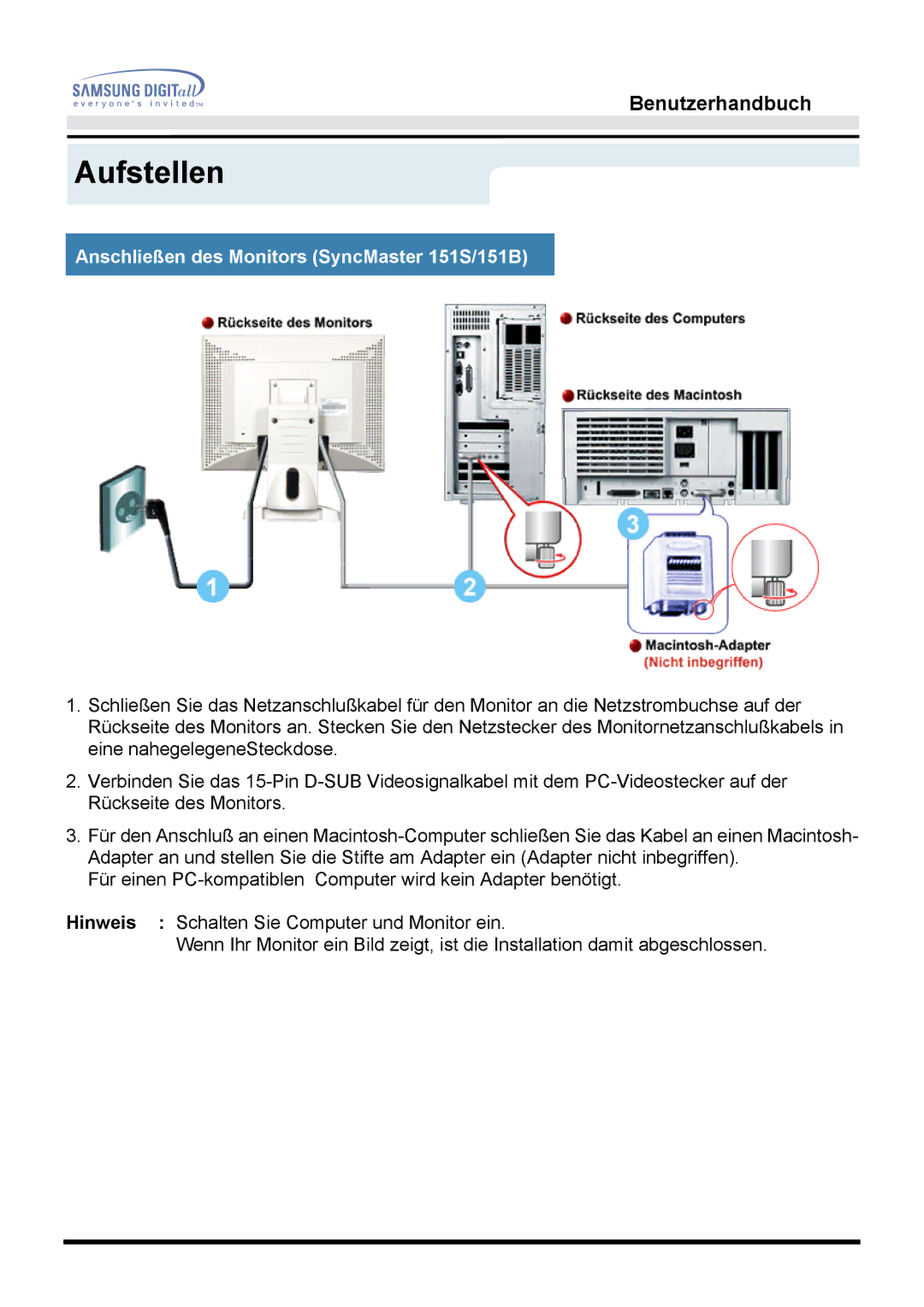 Samsung GG15LSAS/EDC, GH15LSSNP/EDC, GG15LSSNP/EDC, GG15LSAN/XEU Aufstellen, Anschließen des Monitors SyncMaster 151S/151B 