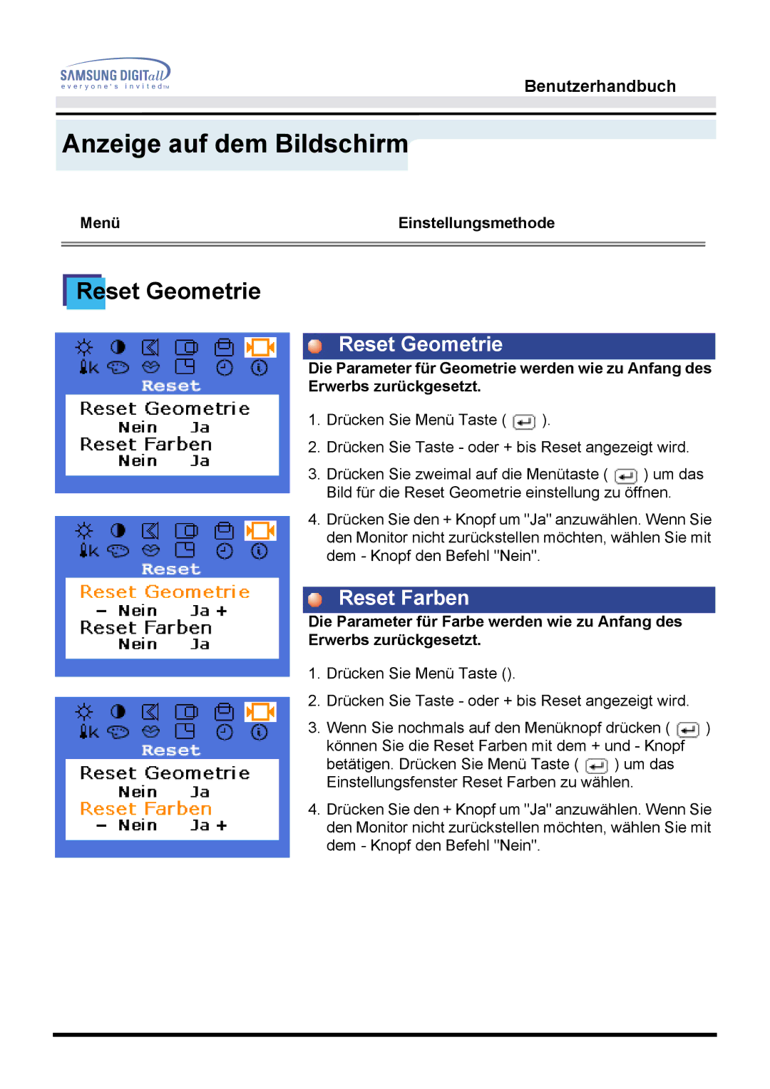 Samsung GG15LSAN/EDC, GH15LSSNP/EDC, GG15LSSNP/EDC, GG15LSAN/XEU, GH15LSSB, GH15LSAN/XEU manual Reset Geometrie, Reset Farben 