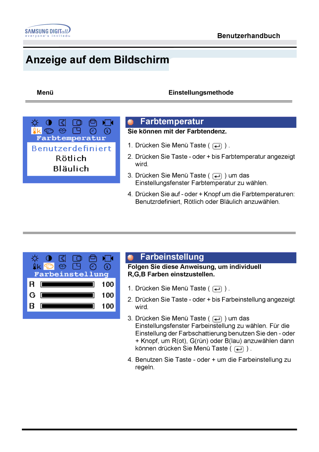 Samsung GG15LSAS/EDC, GH15LSSNP/EDC, GG15LSSNP/EDC, GH15LSSB Farbtemperatur, Farbeinstellung, Sie können mit der Farbtendenz 