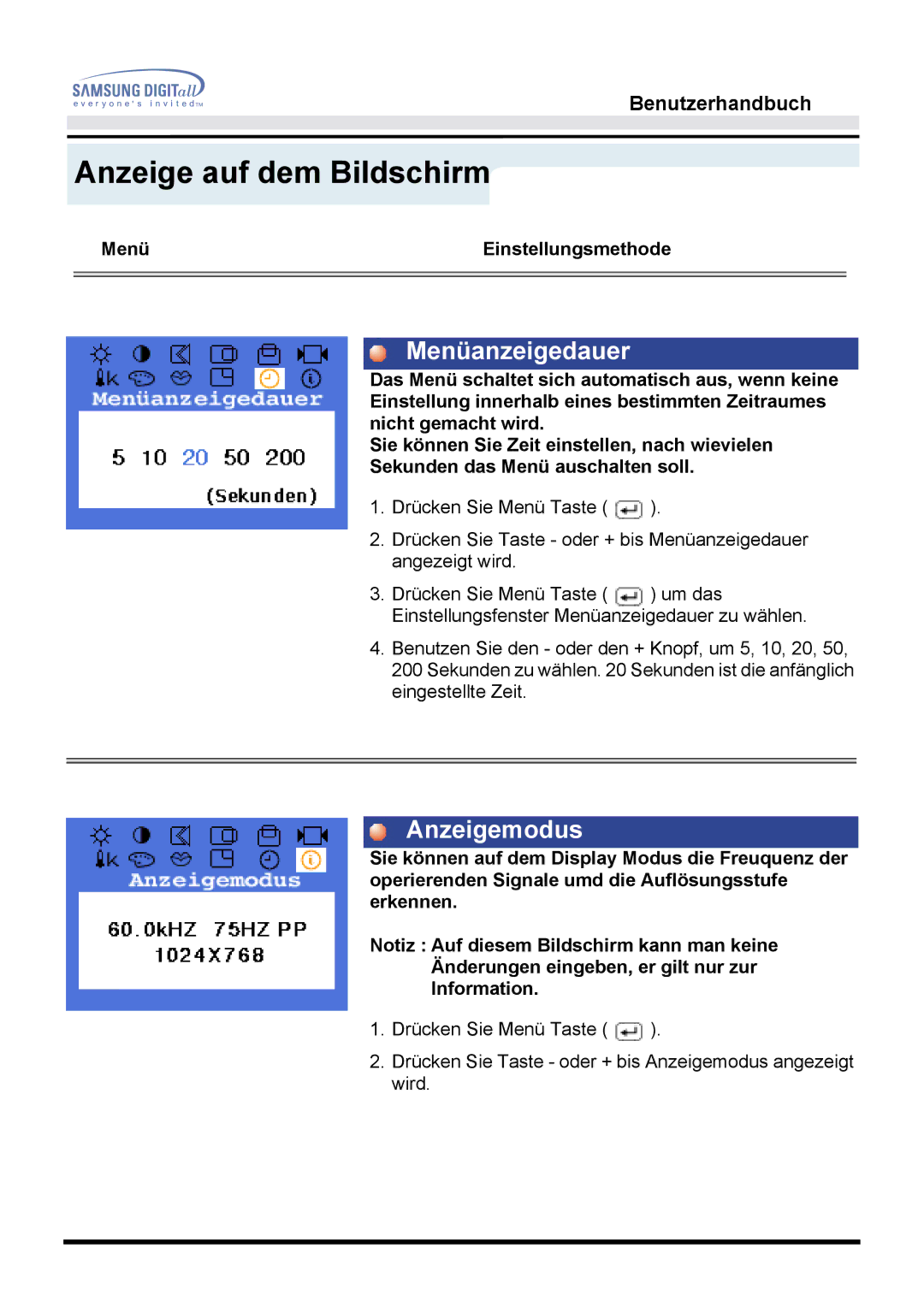 Samsung GG15LSSNP/EDC, GH15LSSNP/EDC, GG15LSAN/XEU, GH15LSSB, GH15LSAN/XEU, GG15LSSNG/EDC manual Menüanzeigedauer, Anzeigemodus 