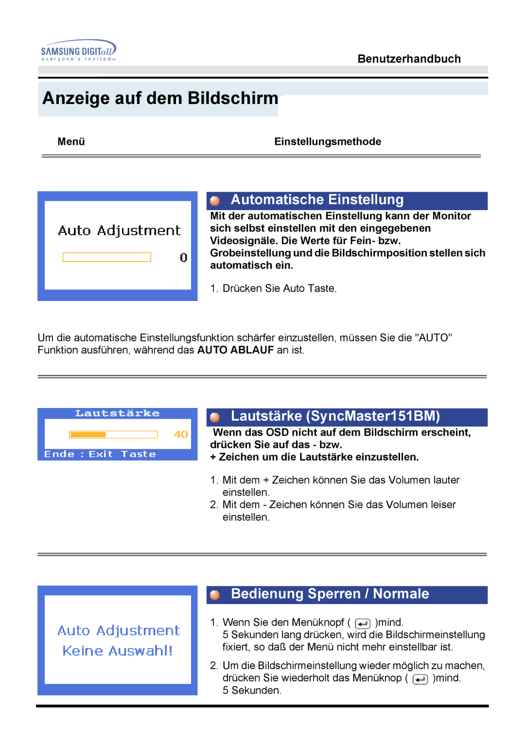 Samsung GG15LSAN/XEU, GH15LSSNP/EDC manual Automatische Einstellung, Lautstärke SyncMaster151BM, Bedienung Sperren / Normale 