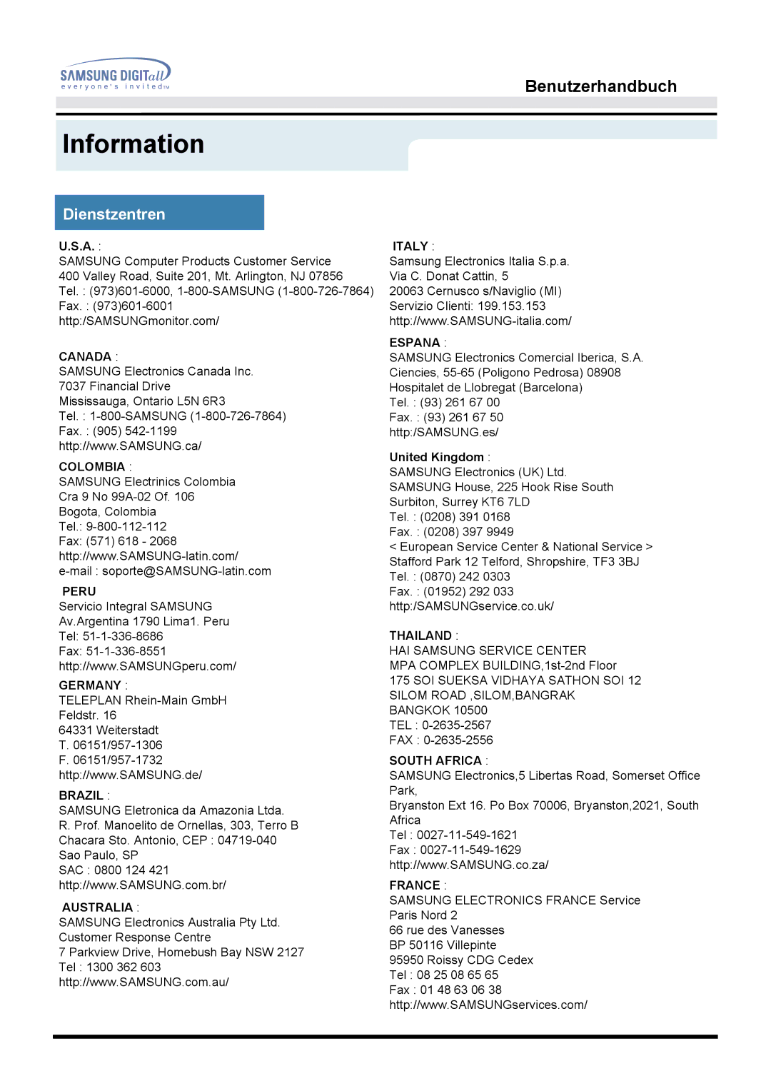 Samsung GG15LSAN/XEU, GH15LSSNP/EDC, GG15LSSNP/EDC, GH15LSSB, GH15LSAN/XEU, GG15LSSNG/EDC manual Information, Dienstzentren 