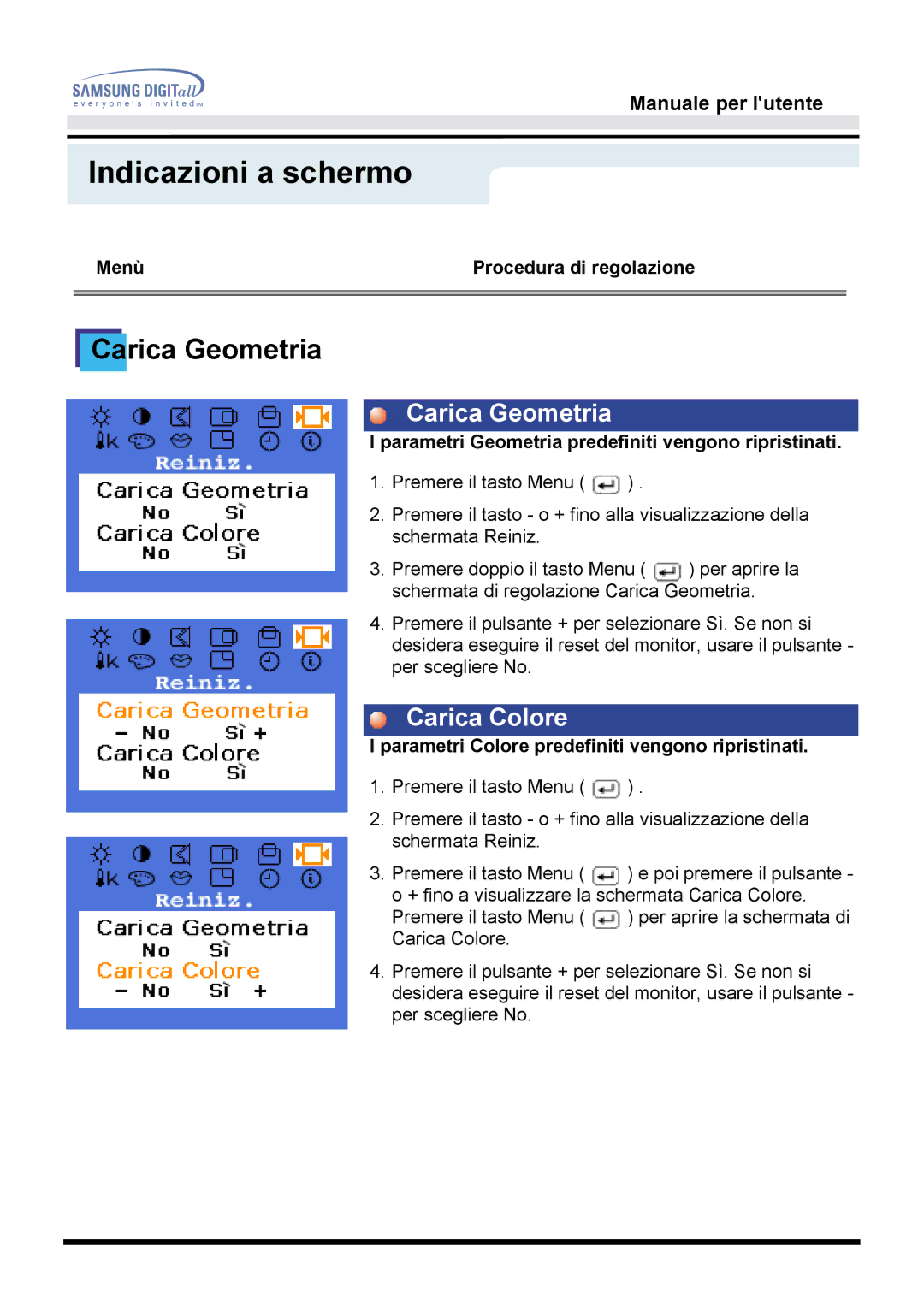 Samsung GH15MSSN/EDC, GH15MSAS/EDC Carica Geometria, Carica Colore, Parametri Geometria predefiniti vengono ripristinati 