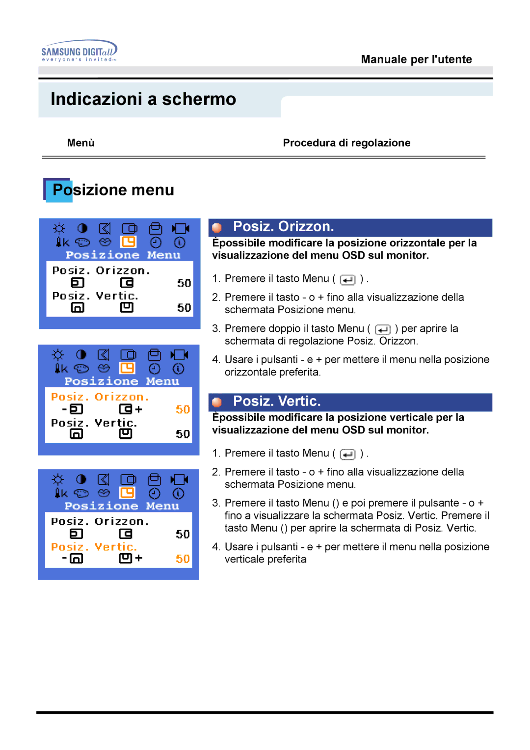 Samsung GG15MSAS/EDC, GH15MSAS/EDC, GG15MSAN/EDC, GH15MSAN/EDC, GH15MSSN/EDC manual Posizione menu 