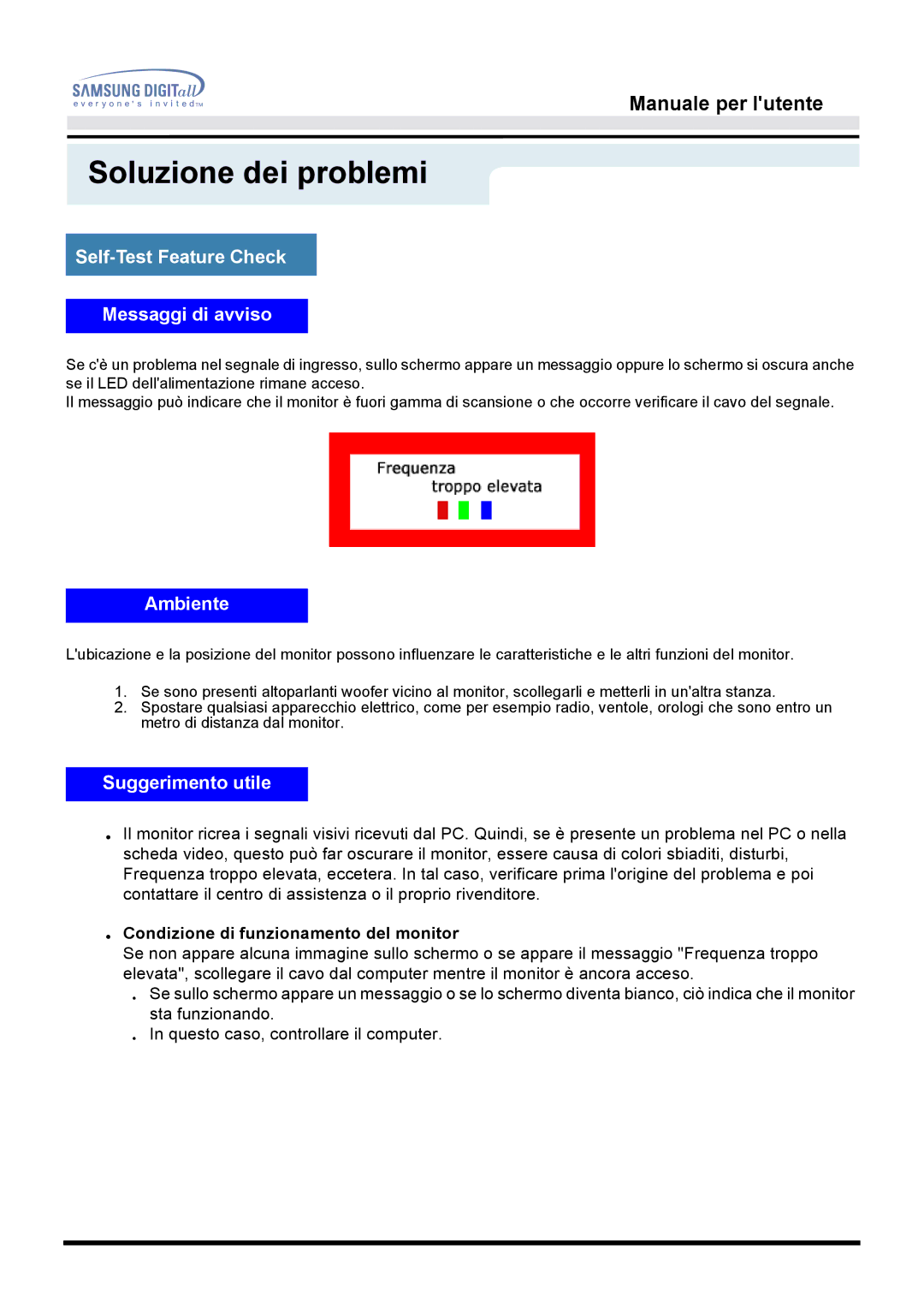 Samsung GG15MSAN/EDC, GH15MSAS/EDC, GG15MSAS/EDC Self-Test Feature Check Messaggi di avviso, Ambiente, Suggerimento utile 